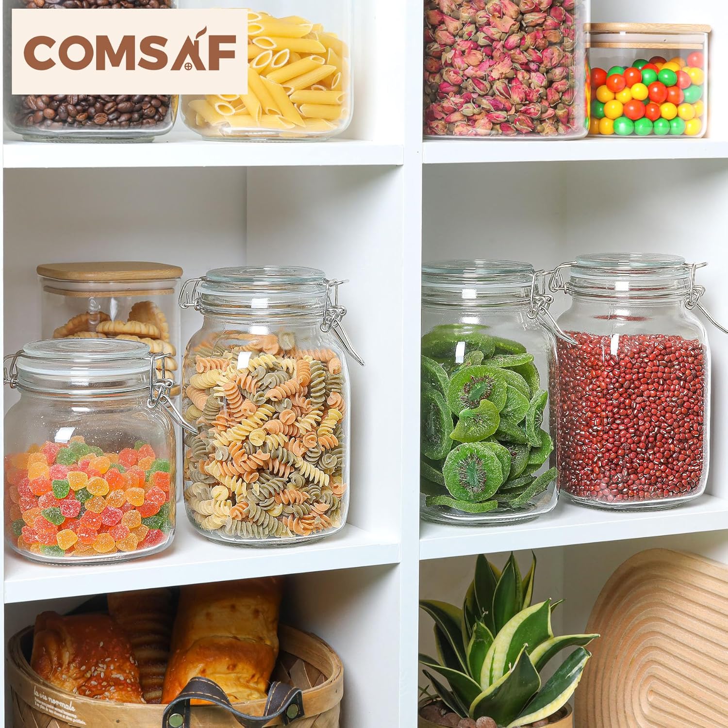 ComSaf Airtight Glass Canister Set of 3 with Lids 50oz Clear Food Storage Jars Square, Kitchen &