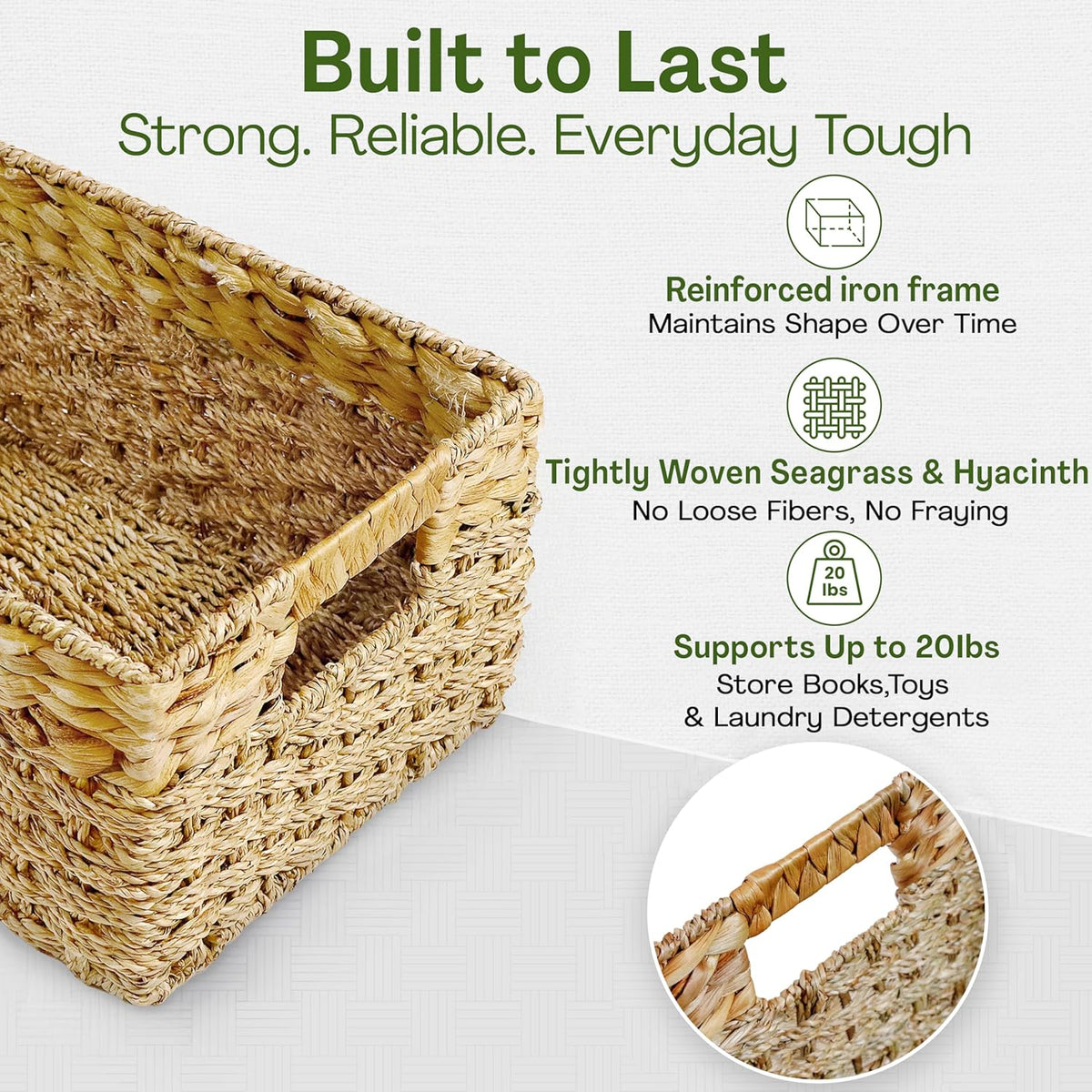 Medium Wicker Basket for Storage, Natural, Seagrass and Hyacinth Woven Baskets for Décor with