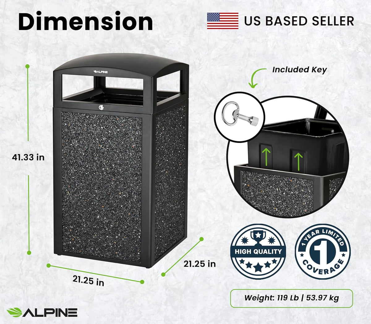 Alpine Outdoor Commercial Trash Can with Lid - 40 Gallon Heavy Duty Metal Garbage Can with