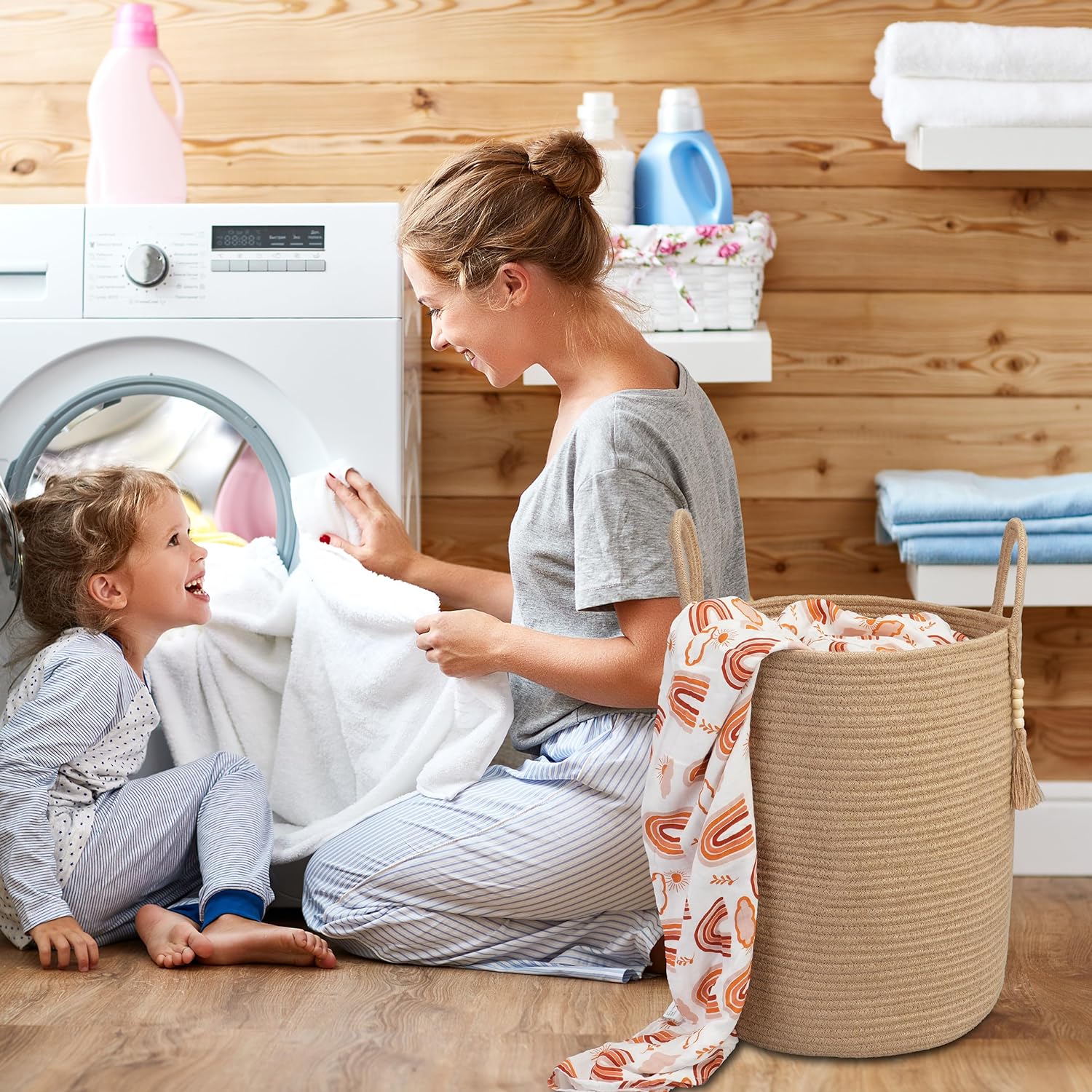 Rope Laundry Basket Laundry Hamper for Clothes Woven Storage Basket for Living Room Bedroom Boho