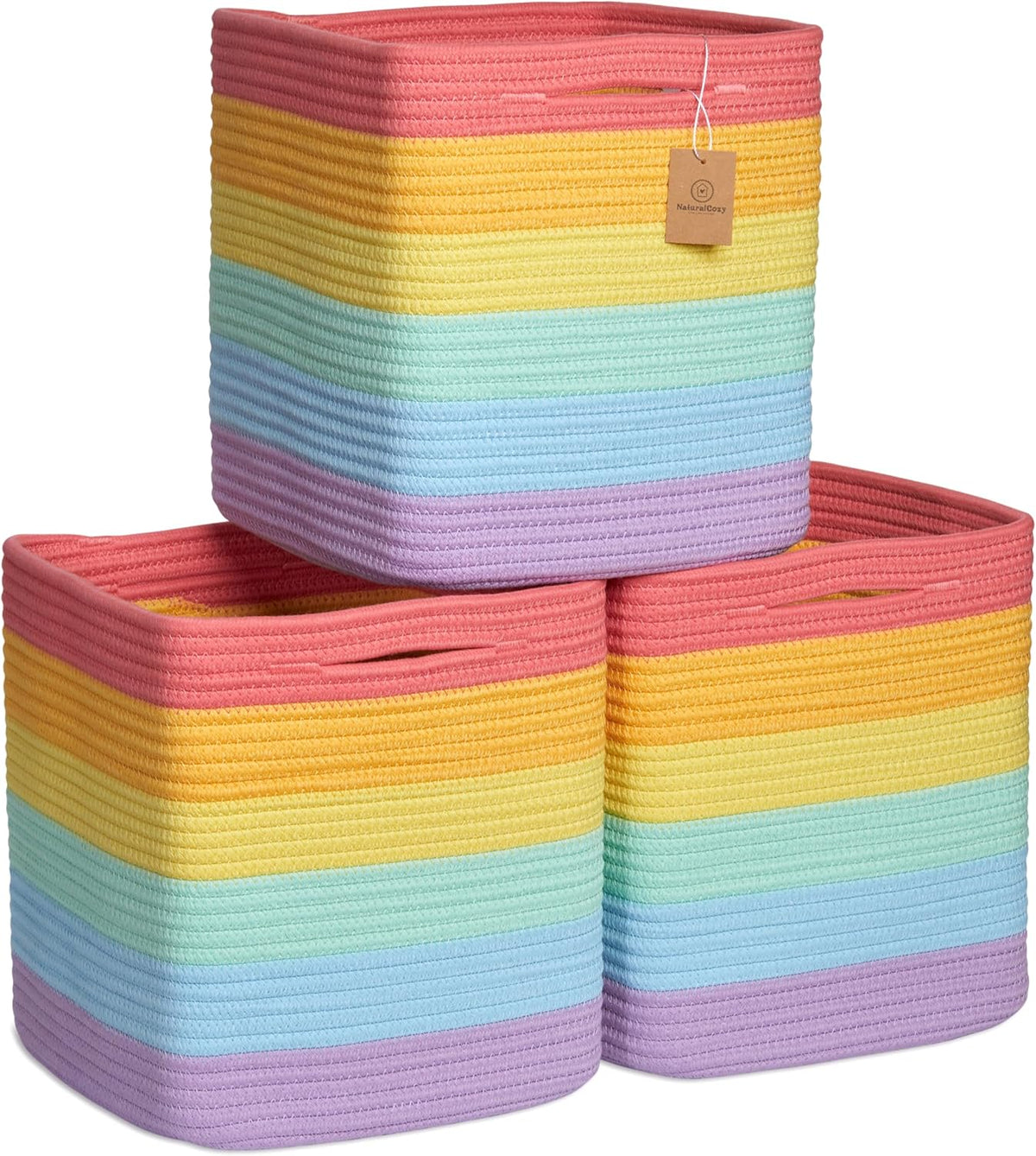 NaturalCozy Storage Cubes 11 Inch Cotton Rope Woven Baskets for Organizing, 3-Pack | Cube Storage