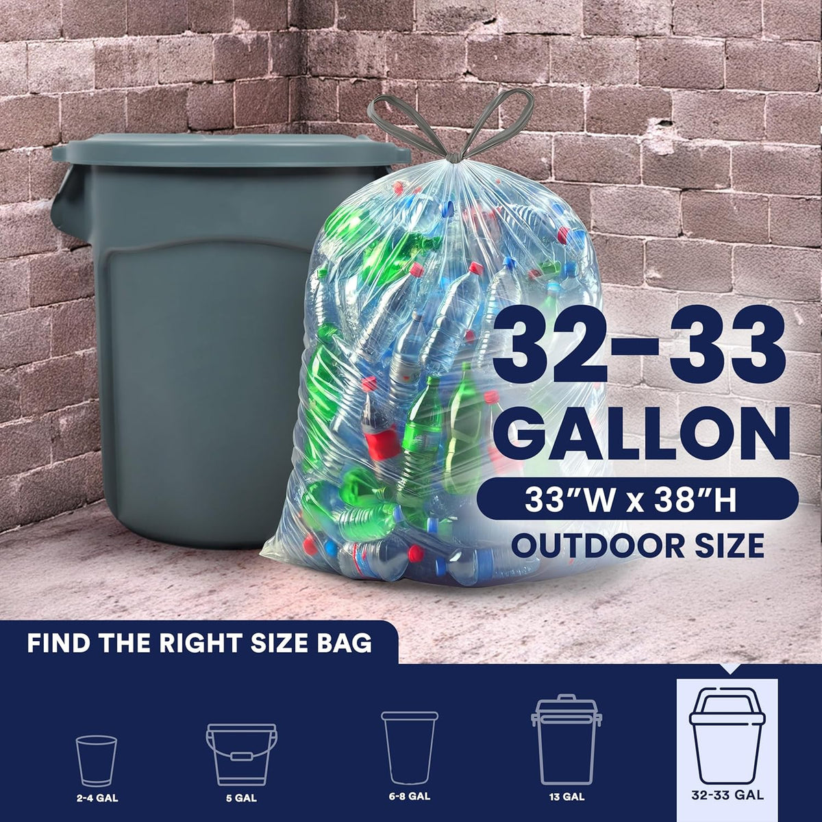 Plasticplace 32-33 Gallon Recycling Bags │ 0.9 Mil │ Clear Drawstring Garbage Can Liners │ 33" x
