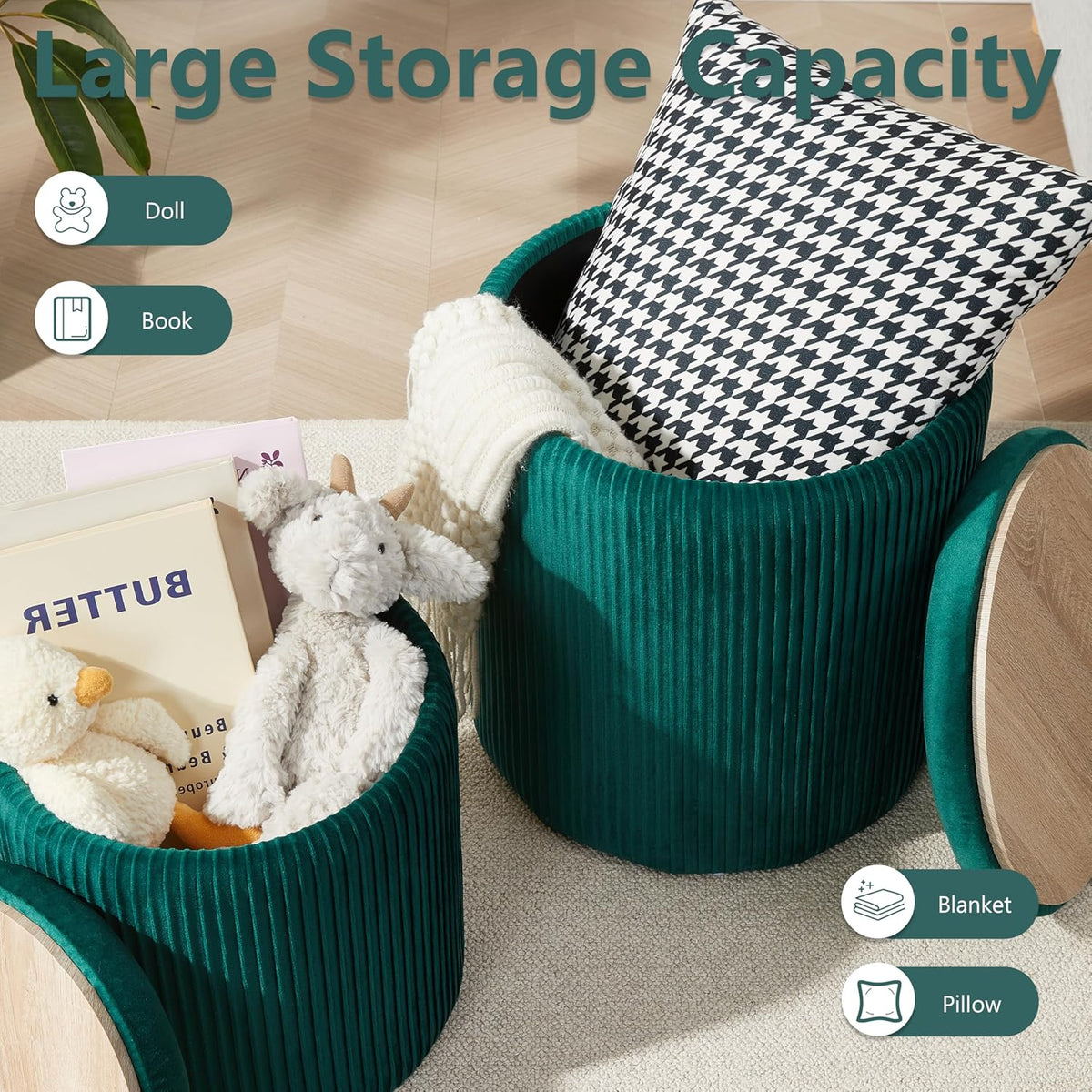 Royal Windsor Round Ottoman with Storage Set of 2,Vanity Stool with Storage for Bedroom, Ottoman
