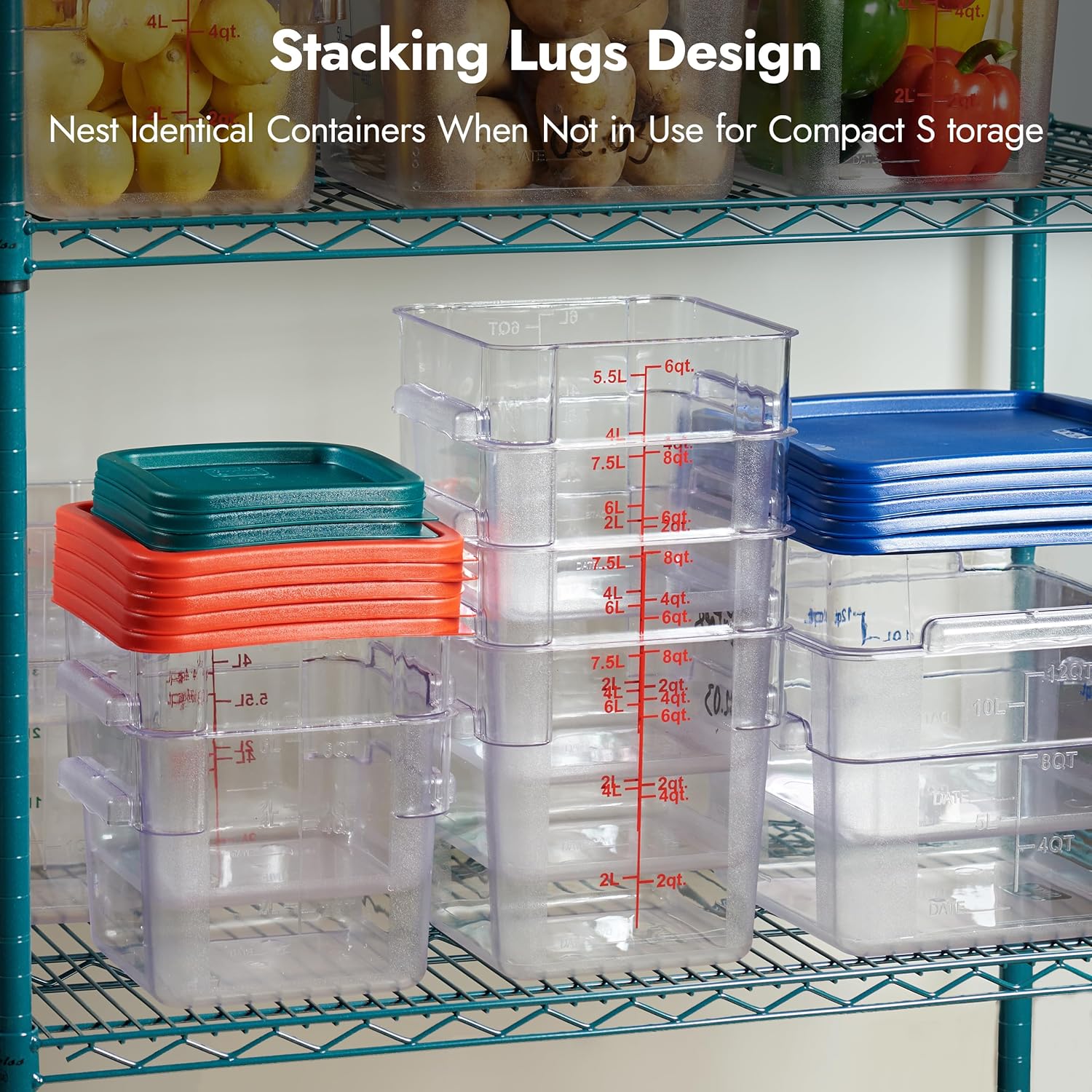 CURTA 4 Pack Food Storage Container with Red Lid - NSF Commercial Grade in 6.0 Qt - Square, Clear