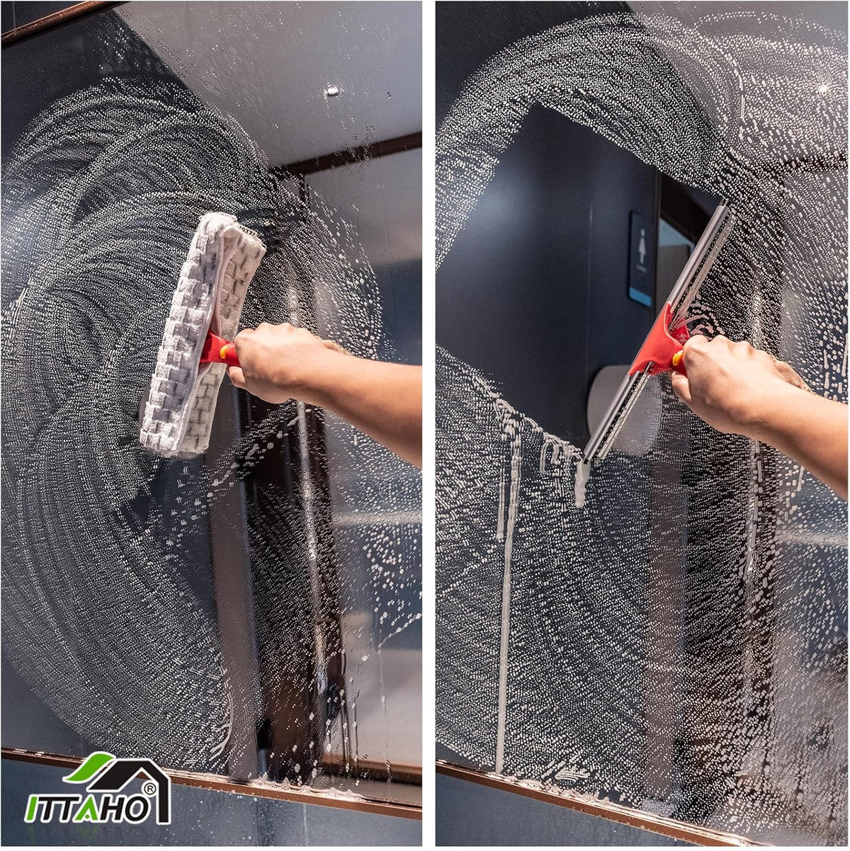 ITTAHO Squeegee for Window Cleaning, 12" Squeegee and 11" Microfiber Scrubber Combi with Stainless