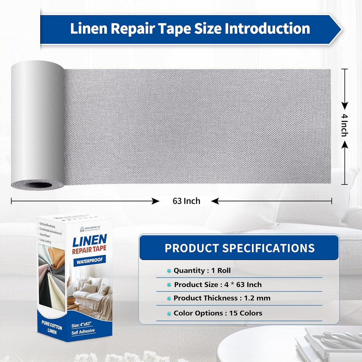 KING MOUNTAIN Linen Repair Patches, Self-Adhesive Fabric Patches, 4 X 63 inch Extra Size, Multi