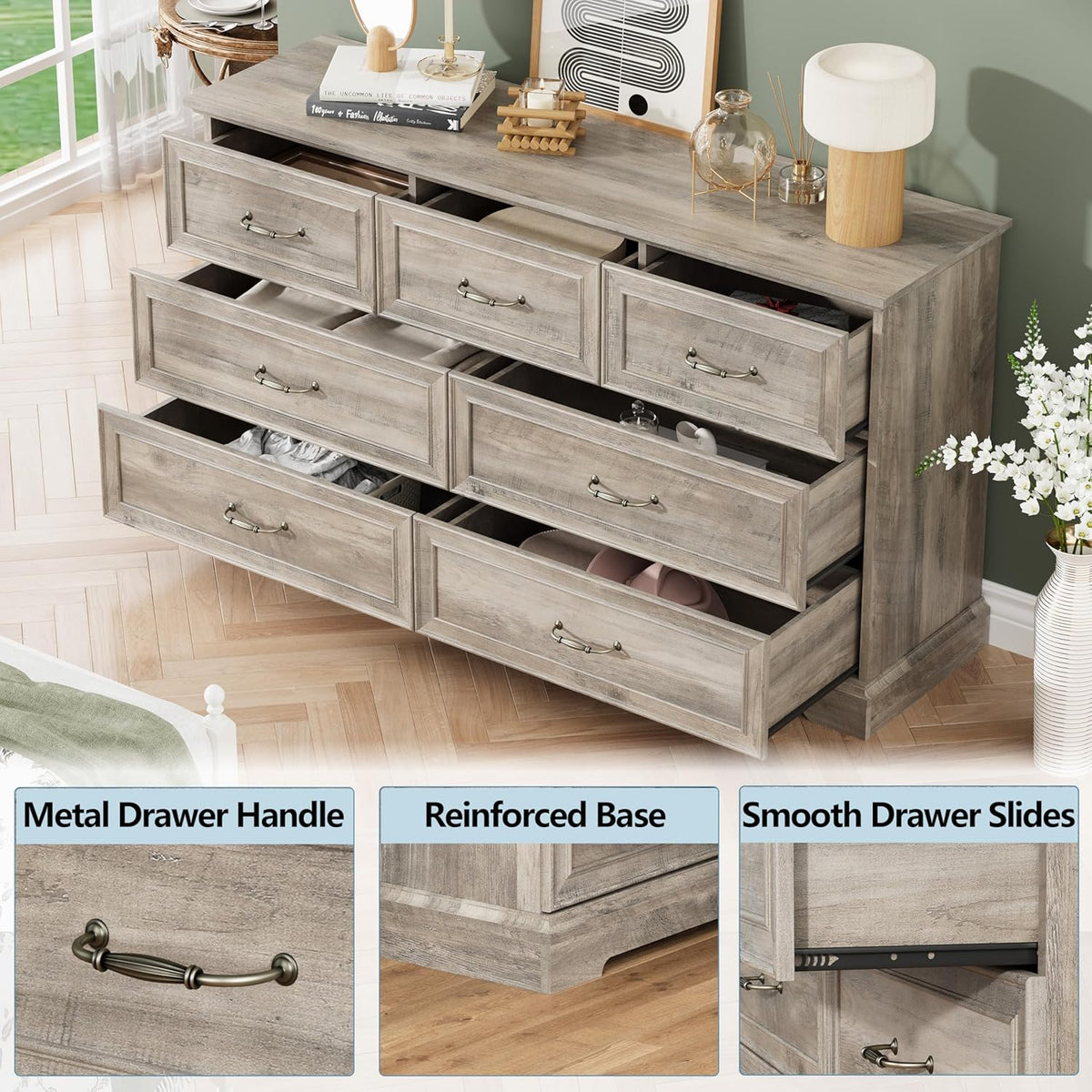 7 Drawer Dresser for Bedroom, 57" Wide Wooden Chest of Drawers, Rustic Farmhouse Dresser with Large