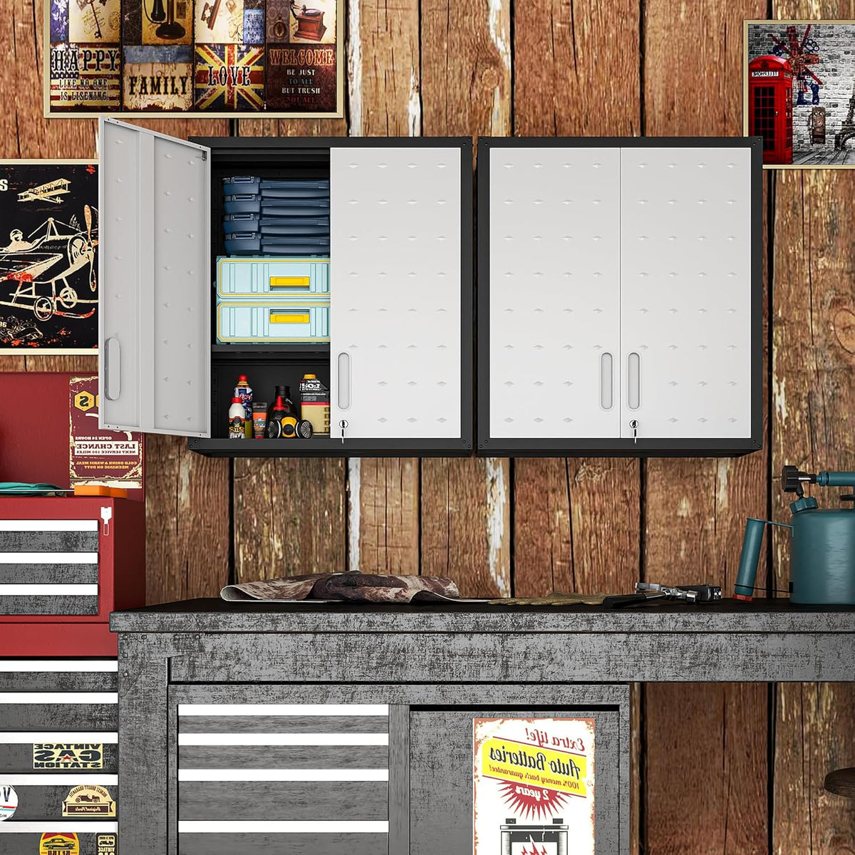 Garage Wall Mounted Storage Cabinet with Doors and Shelves, Lockable Metal Wall Cabinet, Hanging