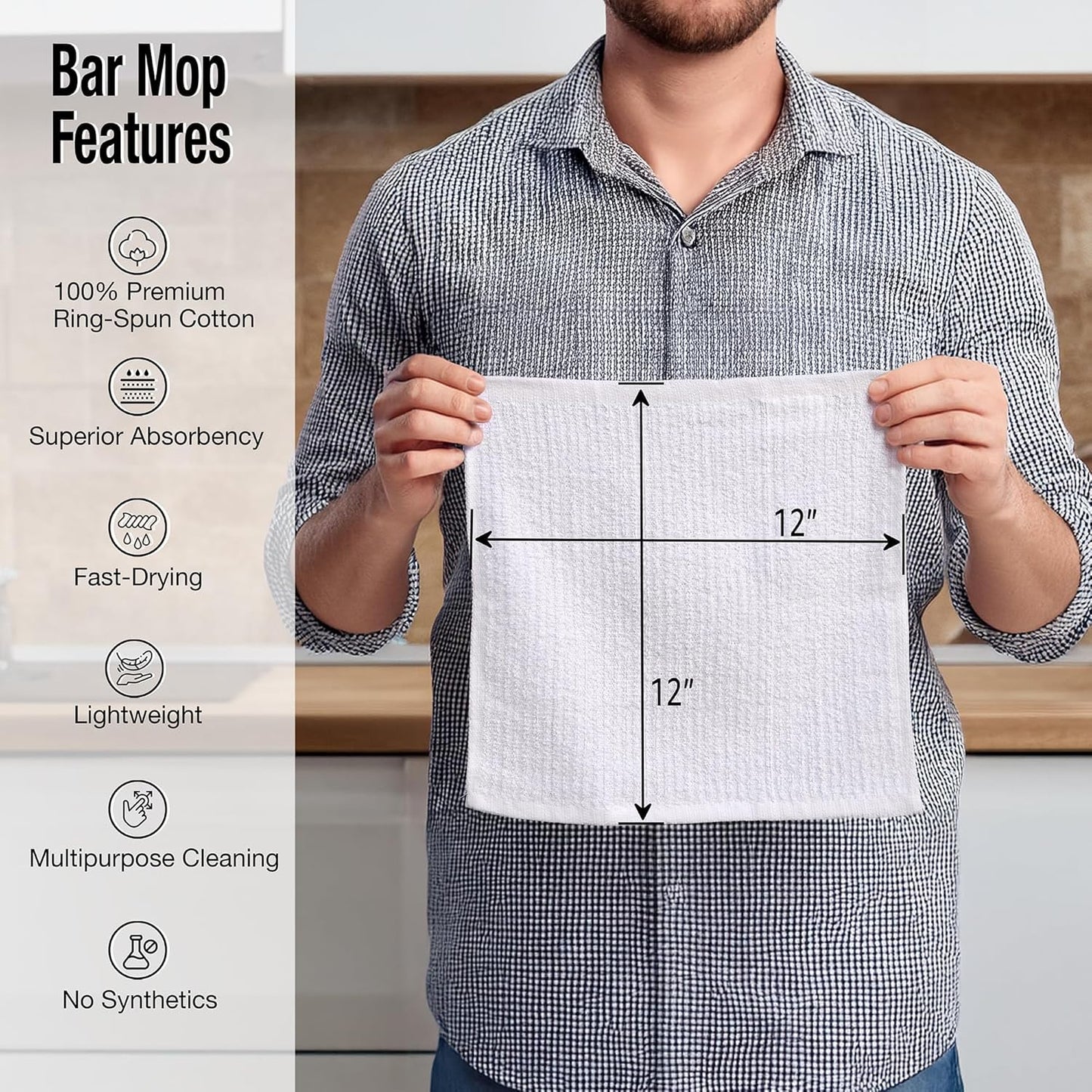 Bar Mop Cleaning Kitchen Dish Cloth Towels 12" x 12", 100% Cotton, Machine Washable, Everyday