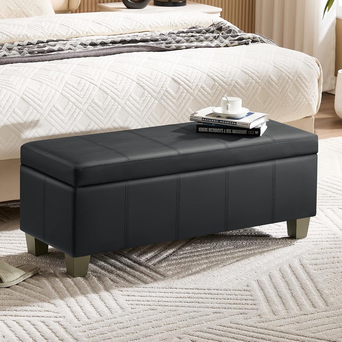 41" Faux Leather Storage Ottoman, Stitch Tufted Rectangle Upholstered End of Bed Storage Bench