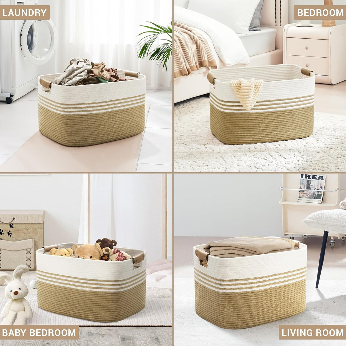 86L Extra Large Laundry Basket with Leather Handles for Living Room Storage, Woven Rope Baskets for