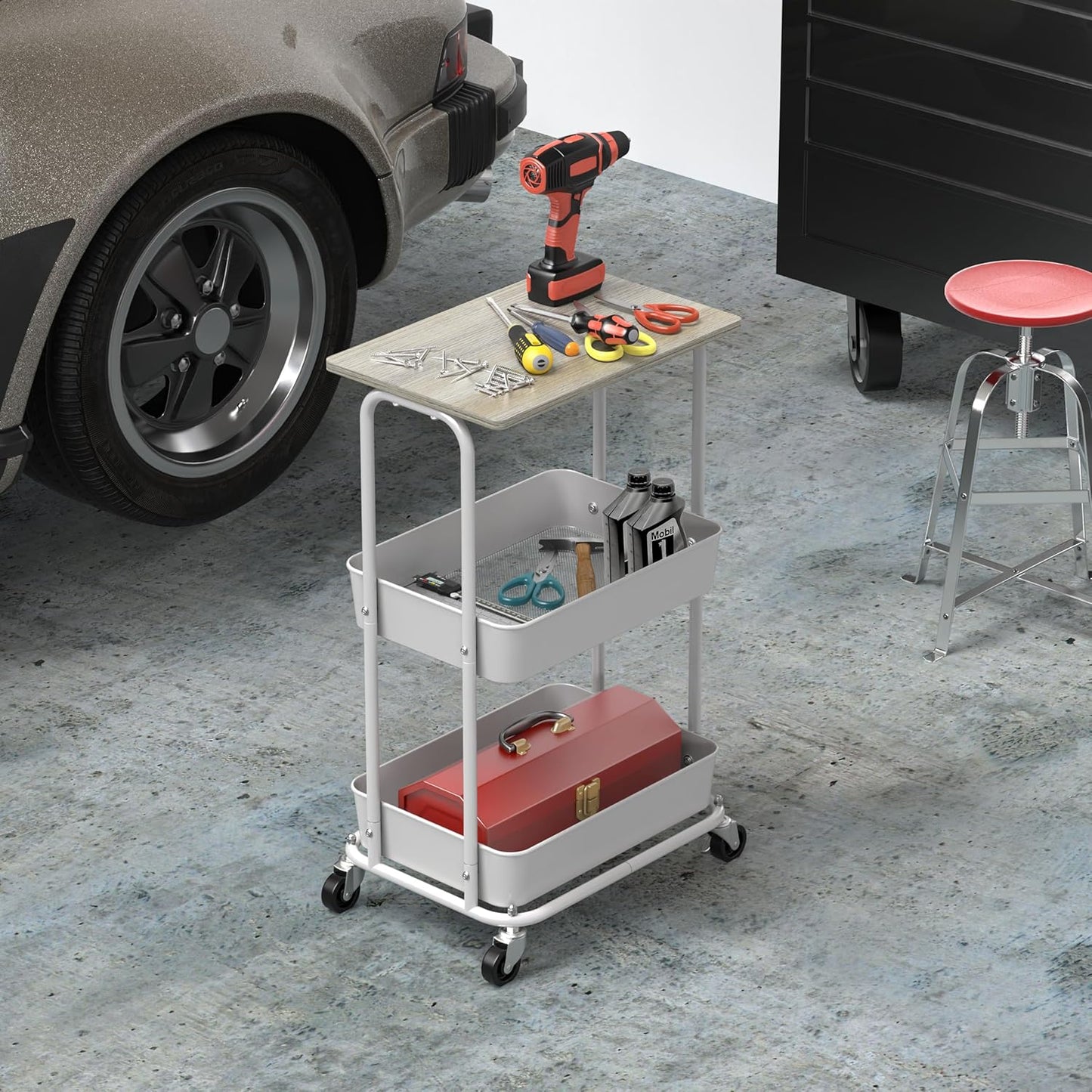 Simple Houseware 2-Tier Rolling Utility Cart with Lockable Wheels and Wood Top, Metal Storage