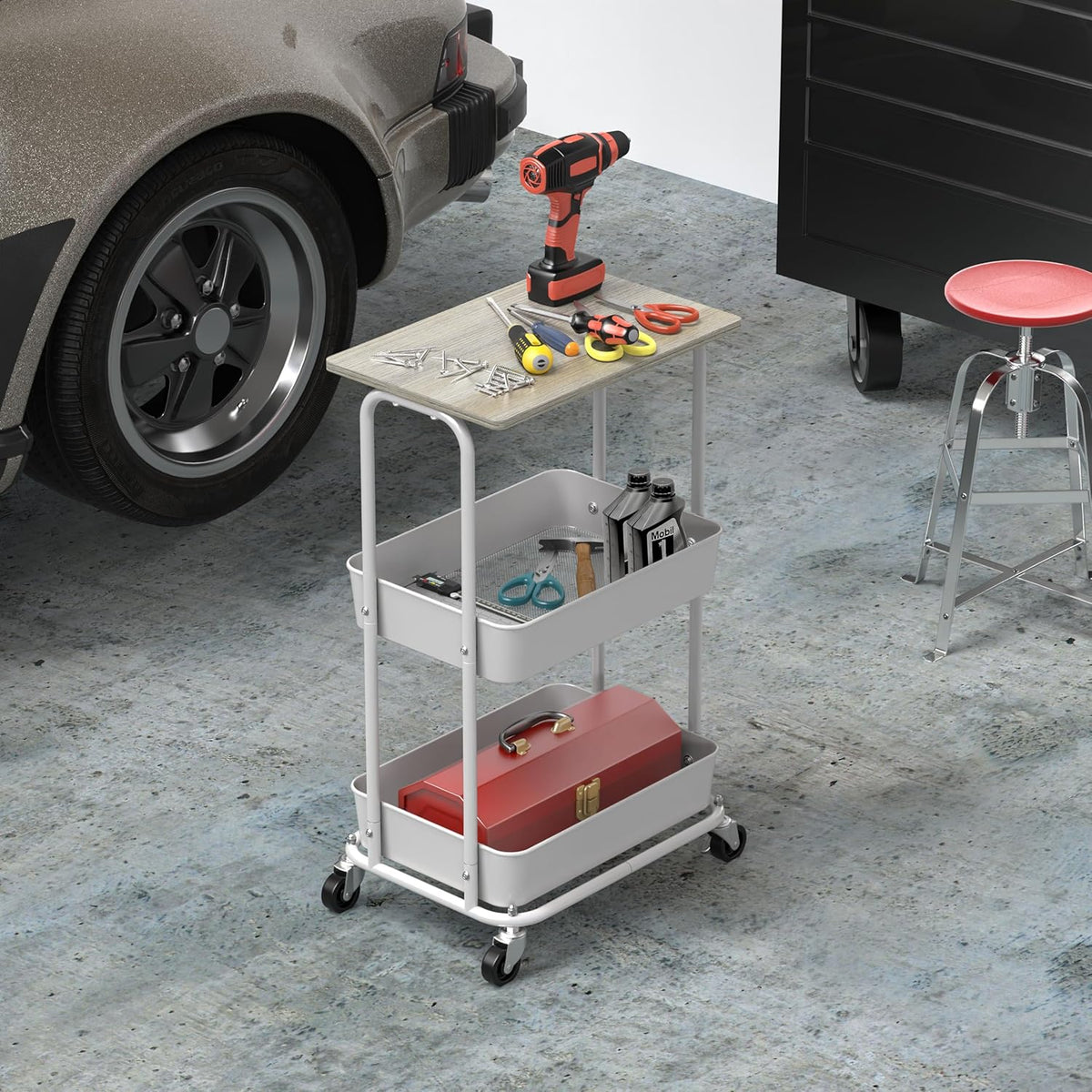 Simple Houseware 2-Tier Rolling Utility Cart with Lockable Wheels and Wood Top, Metal Storage