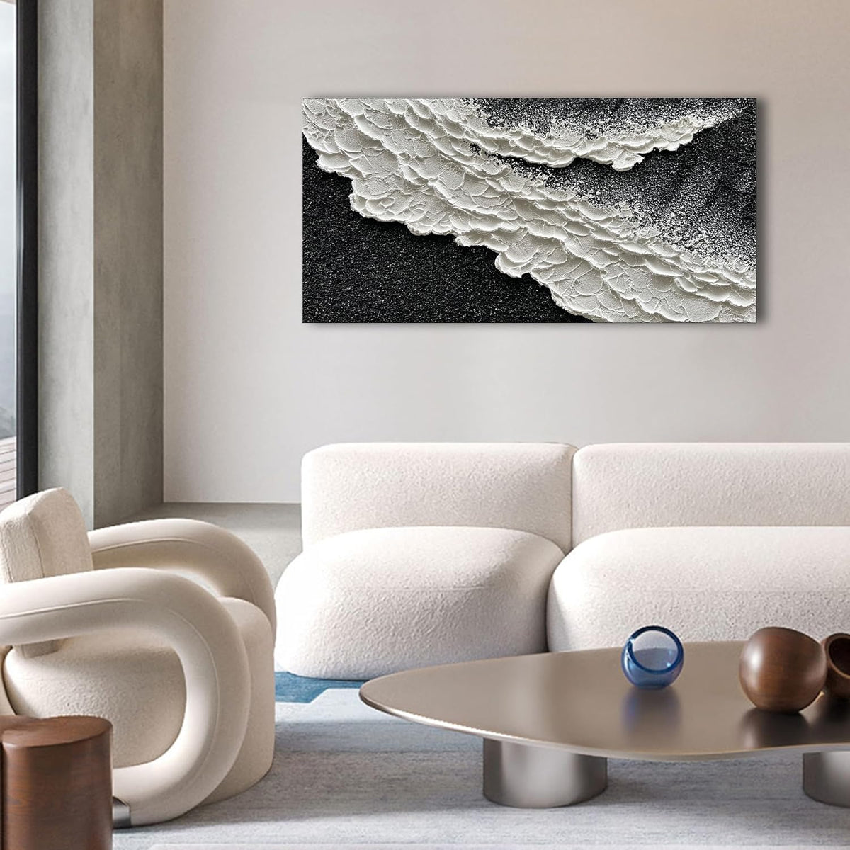 NANKAI 24x48 Inch Hand Painted 3D Ocean Wave Landscape Oil Painting Black and White Abstract Canvas