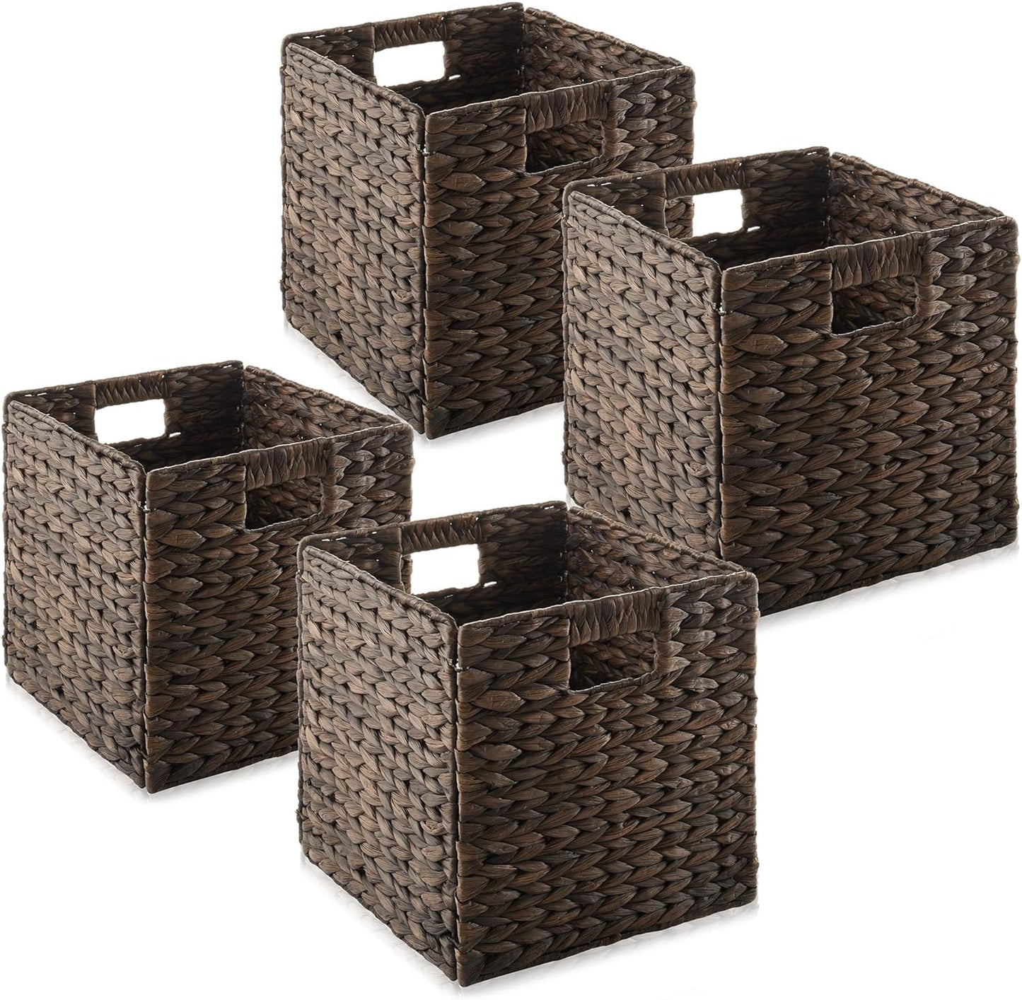 Casafield 10.5" x 10.5" Water Hyacinth Storage Baskets, Espresso - Set of 4 Collapsible Cube