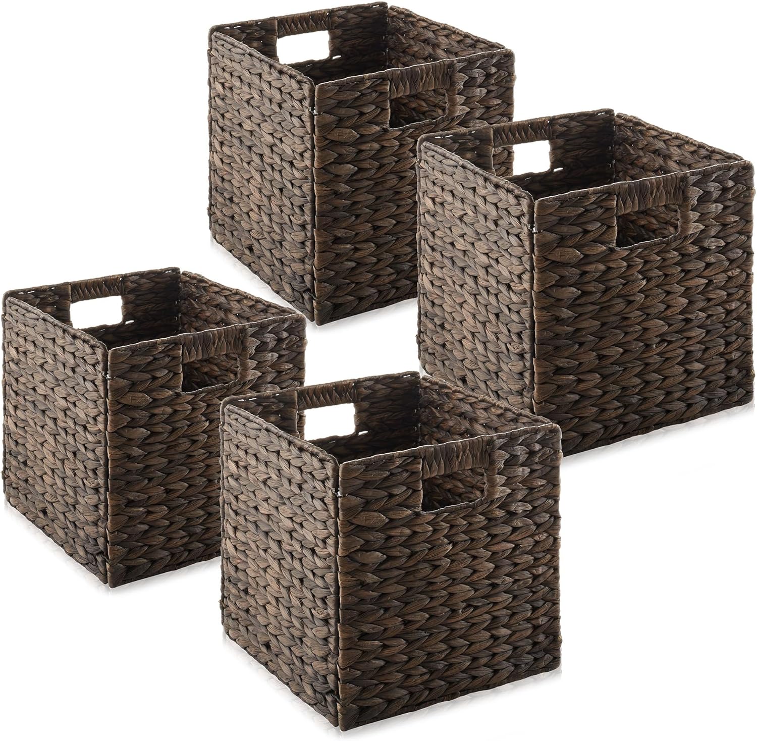 Casafield 10.5" x 10.5" Water Hyacinth Storage Baskets, Espresso - Set of 4 Collapsible Cube