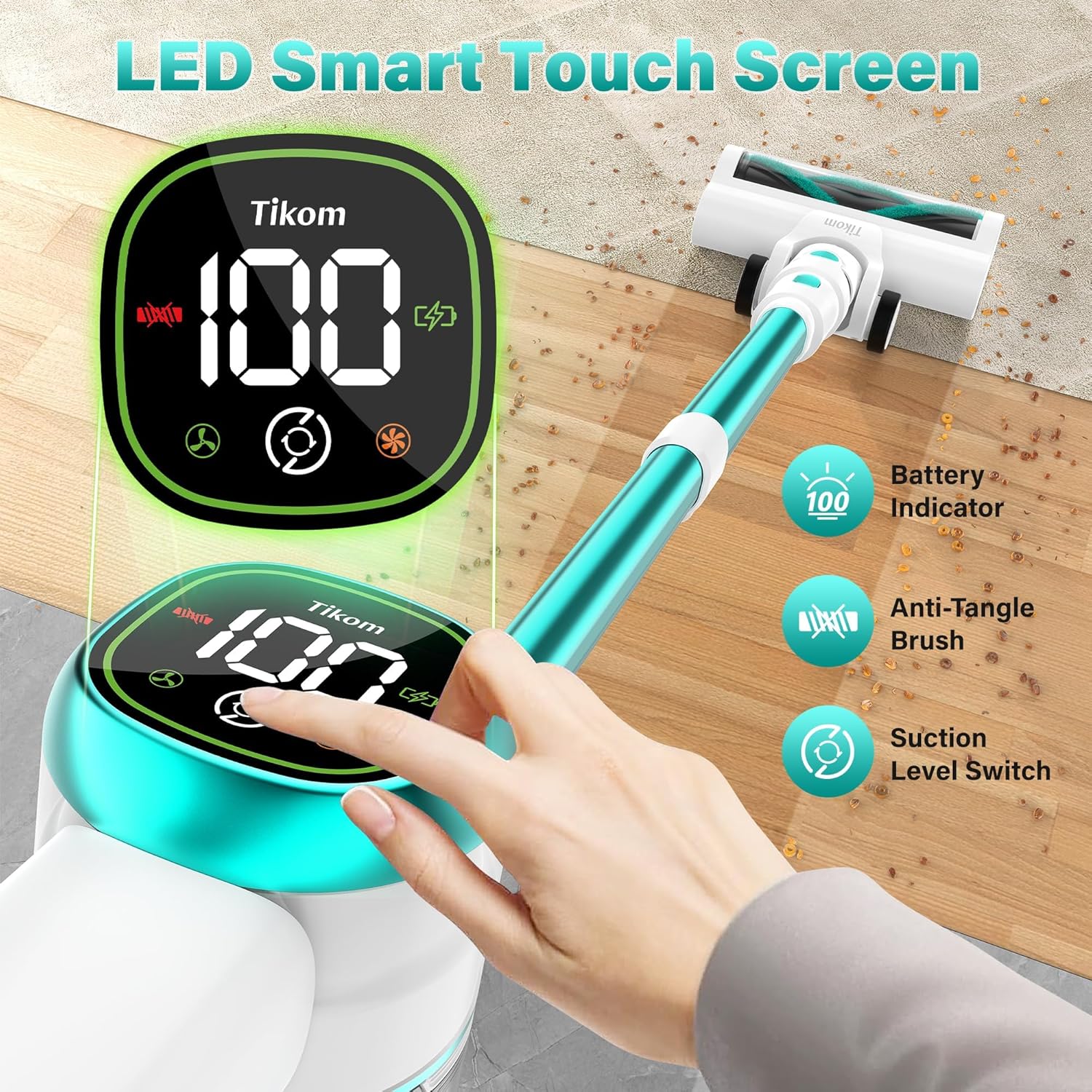 Tikom V500 Cordless Vacuum Cleaner for Home, 40000Pa/450W Stick Vacuum with LED Touch Screen
