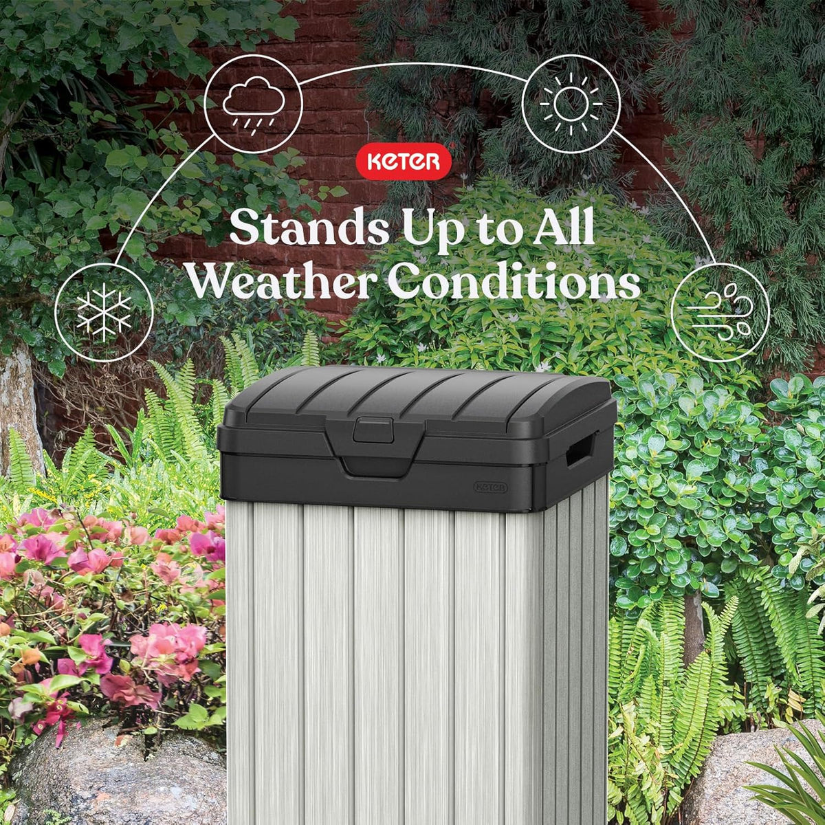Keter Rockford Resin 38 Gallon Outdoor Kitchen Trash Can with Lid and Drip Tray for Easy