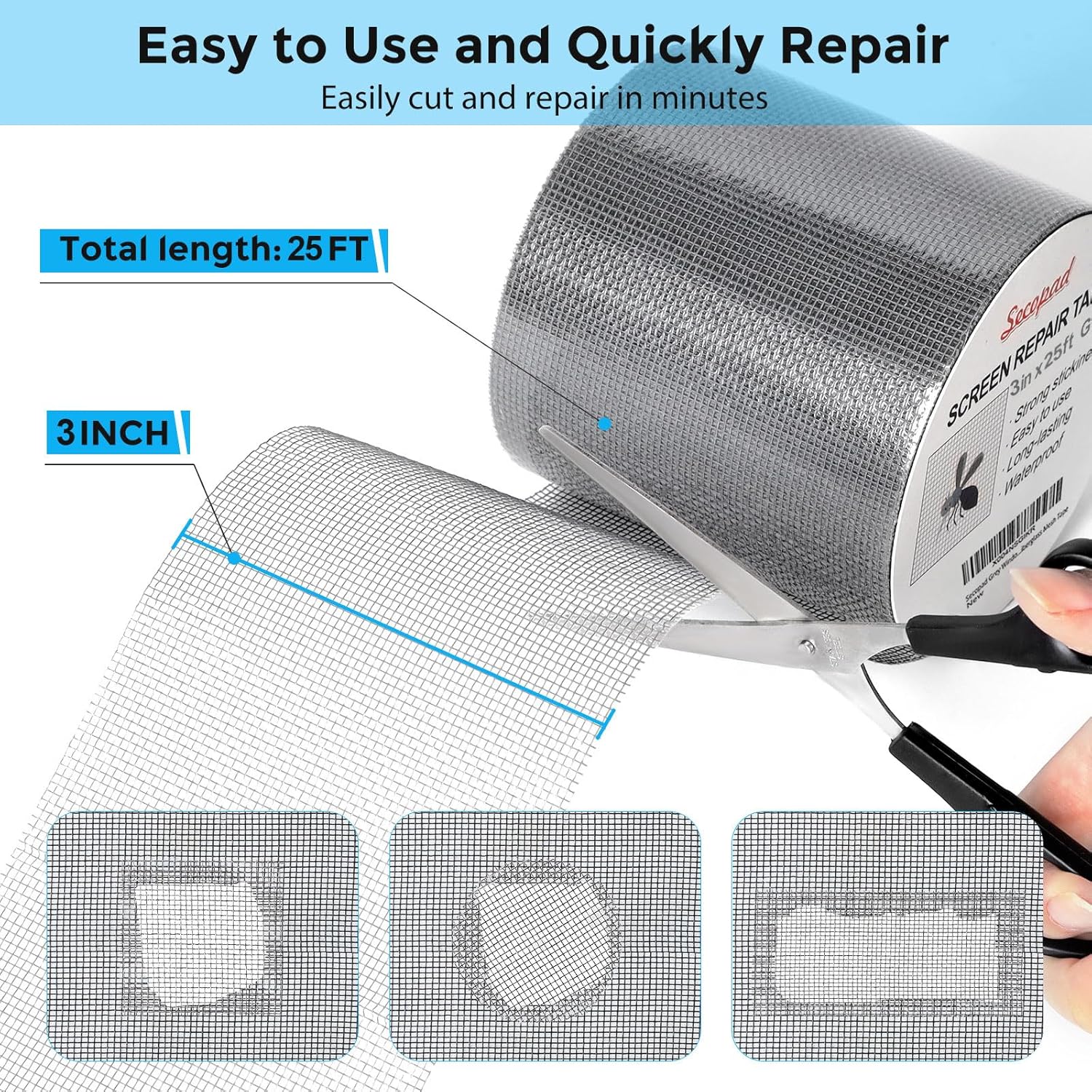 Grey Window Screen Repair Tape, 3IN X 25FT (300IN) Screen Repair Kit for Windows or Doors, Strong