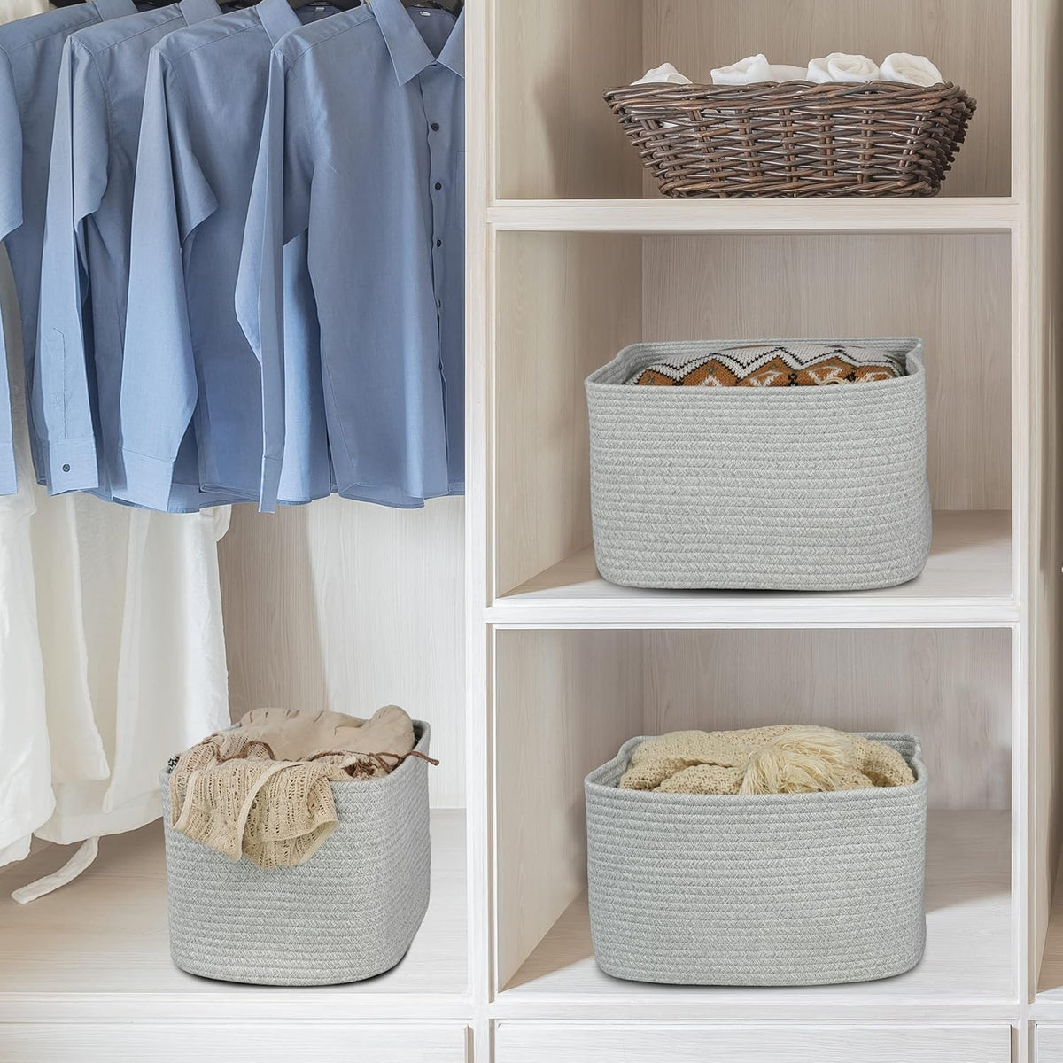 Cotton Rope storage Basket Bins Woven Basket for Organizing Shelves 14.5X9.5X9.3“ Rectangle
