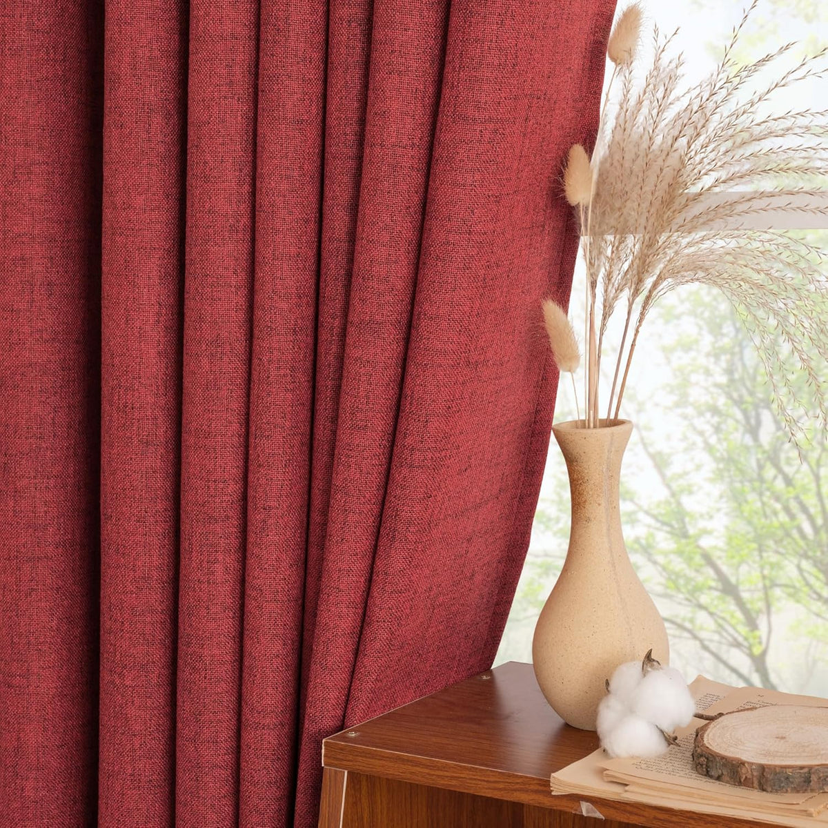 YoungsTex Red Linen Semi Sheer Curtains 72 Inch Length for Living Room - Light Filtering Drapes