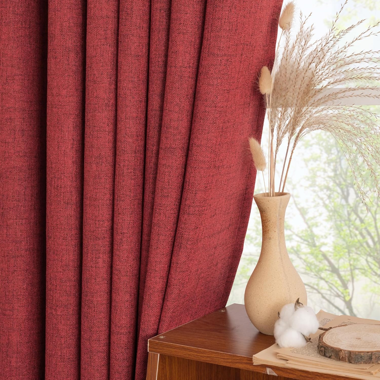 YoungsTex Red Linen Semi Sheer Curtains 84 Inch Length for Living Room 2 Panels Set, Christmas