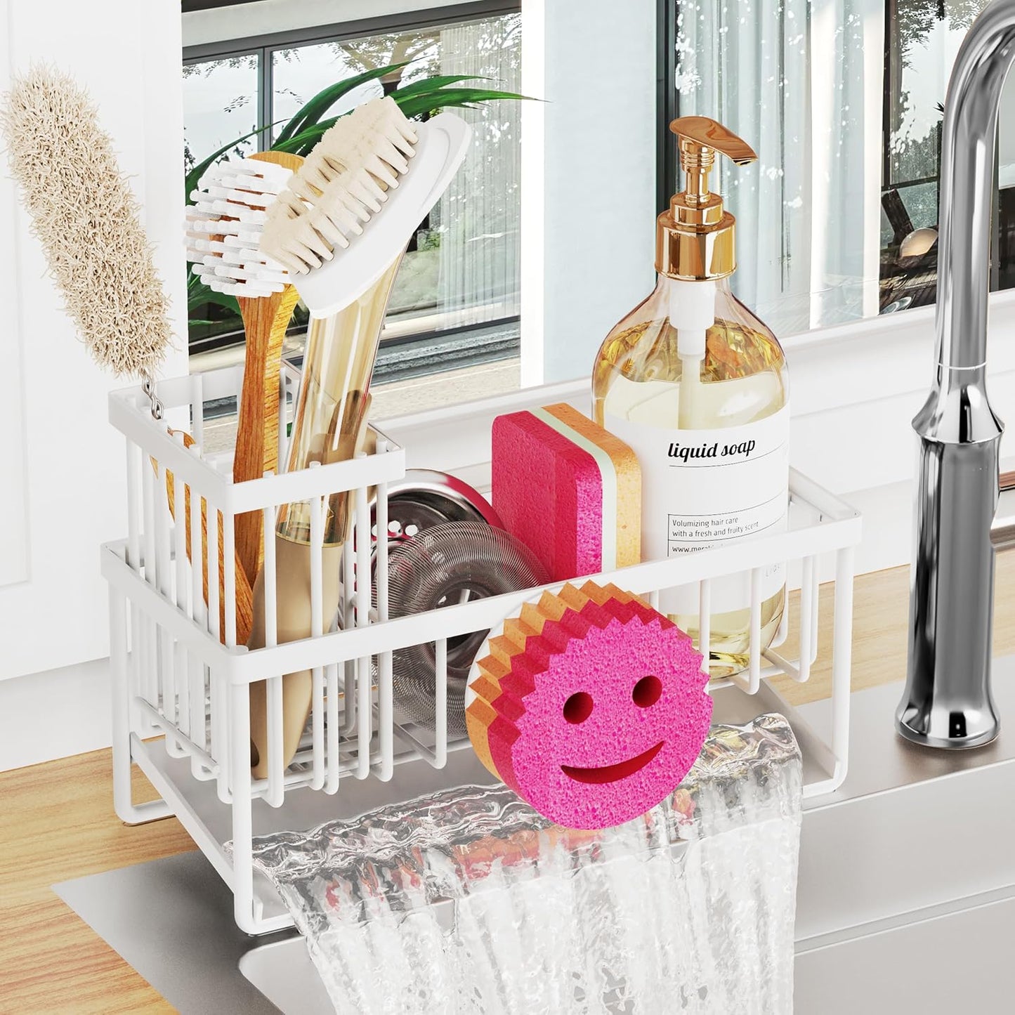 Sponge Holder for Kitchen Sink,Smiley Face Sink Caddy with Removable Brush Holder,Self-Draining