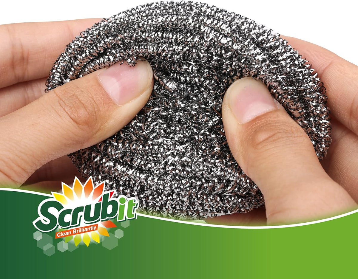 12 Pack Stainless Steel Scourers by Scrub It – Steel Wool Scrubber Pad Used for Dishes, Pots, Pans