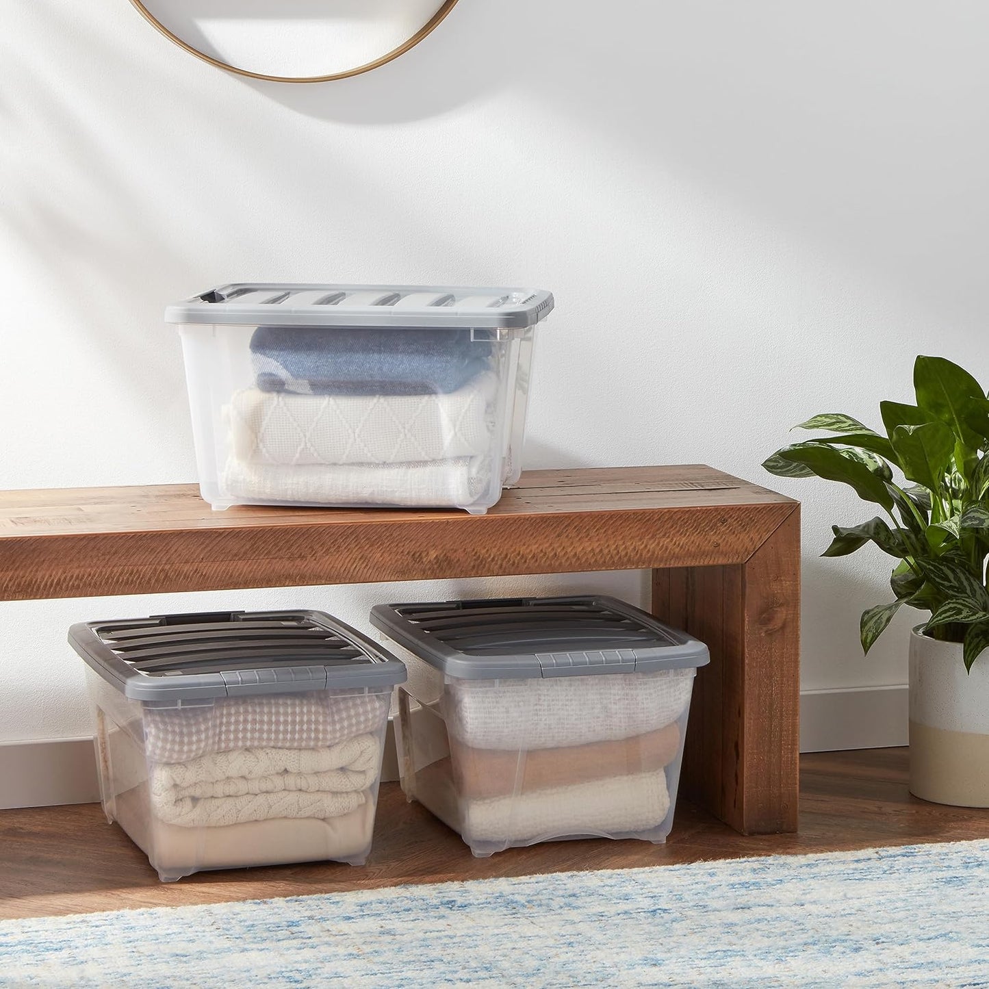 Amazon Basics Plastic Storage Containers with Secure Latching Lids, Stackable Organization Bins, 32