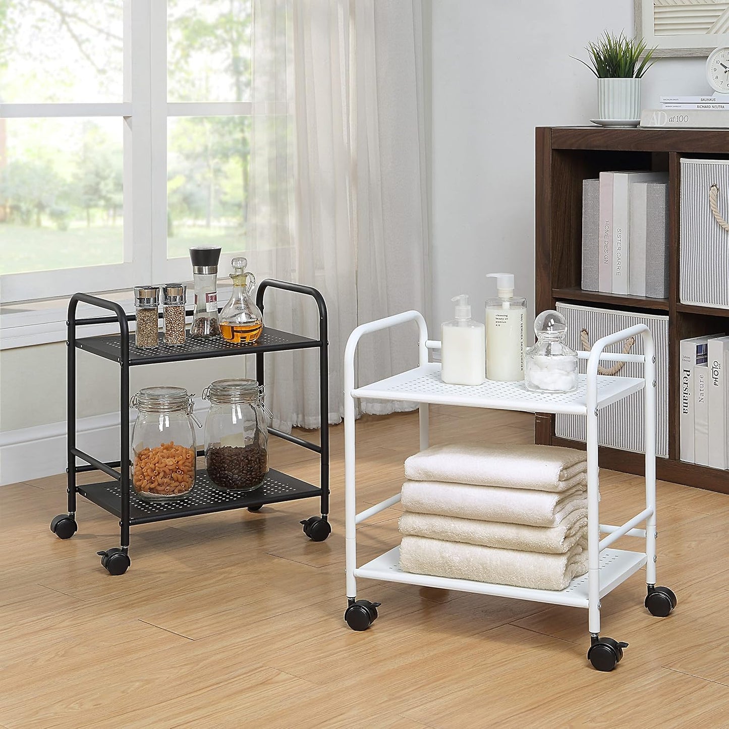 SunnyPoint 2-Tier Metal Rolling Utility Cart – Mobile Storage Shelf with Caster Wheels – Small