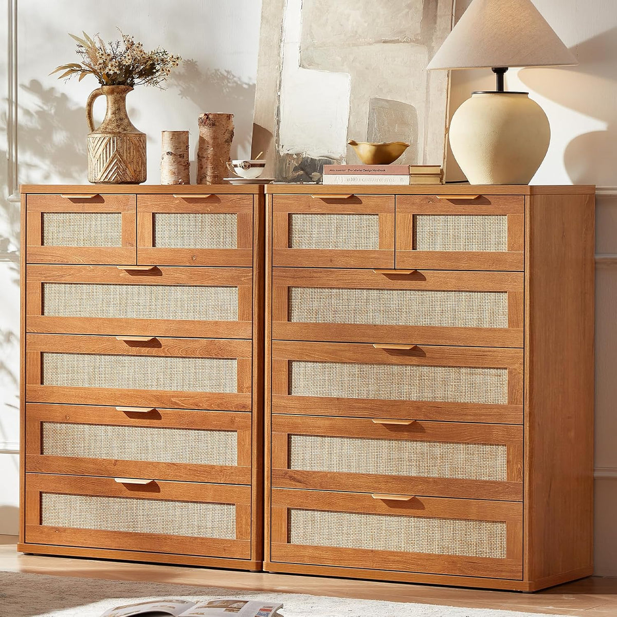 LEYAOYAO Rattan Dresser for Bedroom Set of 2, 42" Tall Chest of Drawers, Modern 6 Drawers Boho