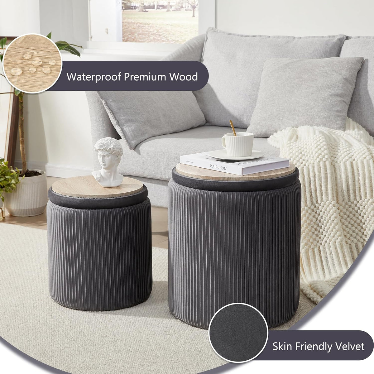 Royal Windsor Round Ottoman with Storage Set of 2,Vanity Stool with Storage for Bedroom, Ottoman