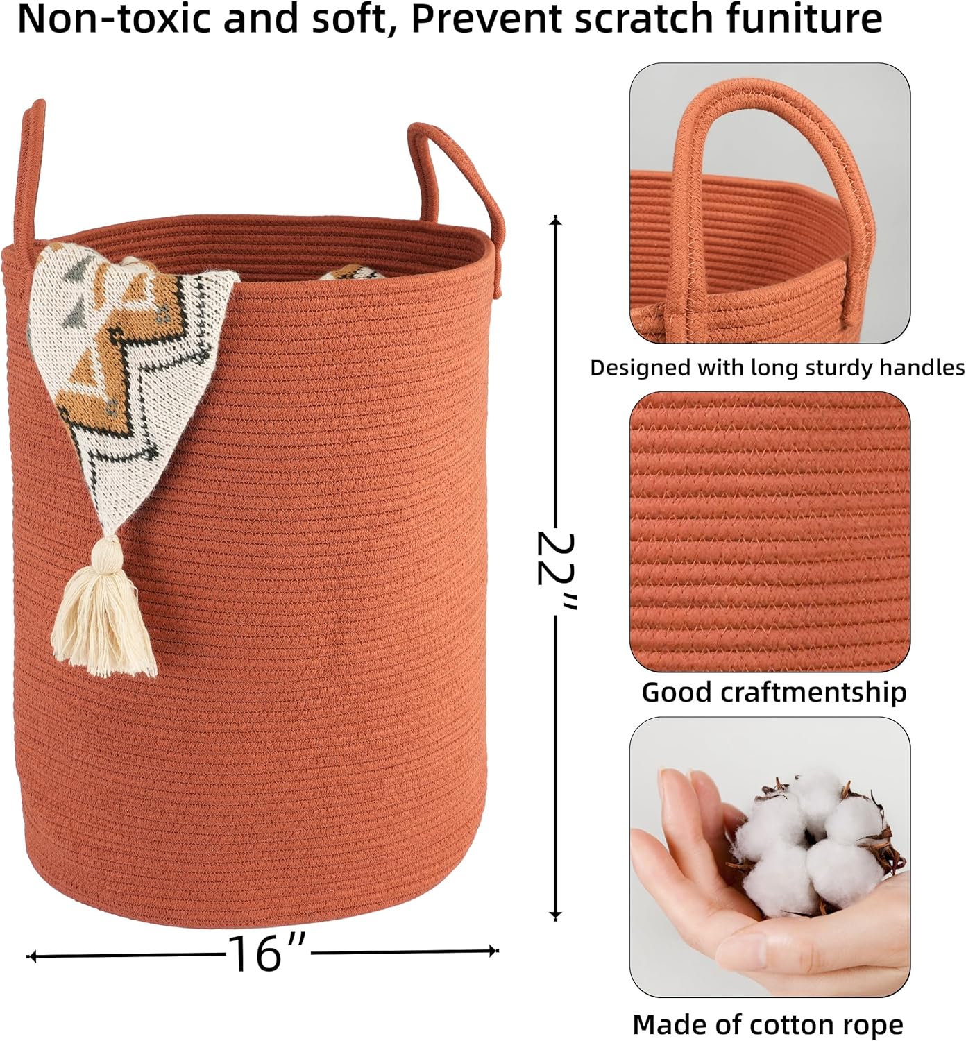 Cotton Rope Laundry Basket Hamper for Clothes Woven Storage Basket for Living Room Bedroom Boho