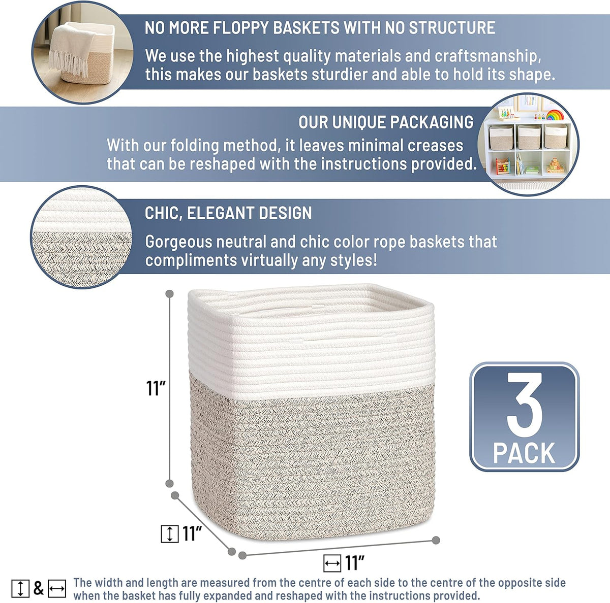 NaturalCozy Storage Cubes 11 Inch Cotton Rope Woven Baskets for Organizing, 3-Pack | Cube Bin