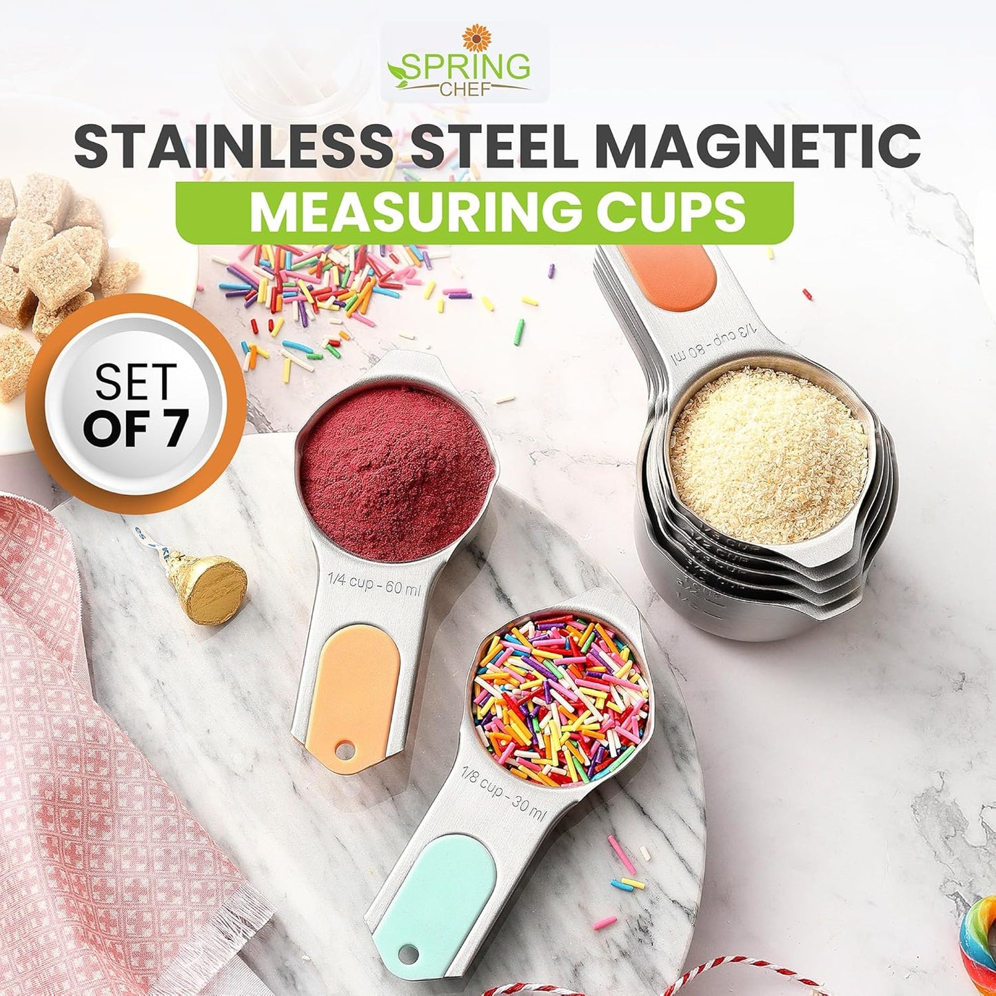 Spring Chef Magnetic Stainless Steel Measuring Cups, Patented, Kitchen Tools with Easy to Read