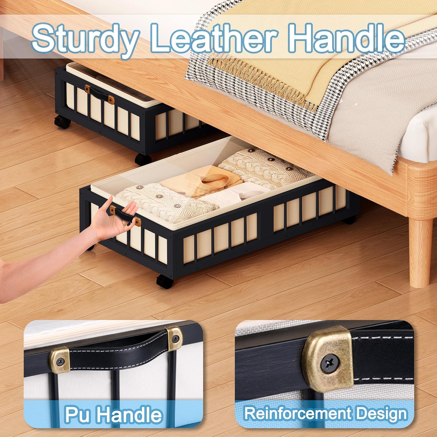 efluky 2-Pack Bamboo Under Bed Storage Containers with Wheels, Under Bed Clothes Storage Basket