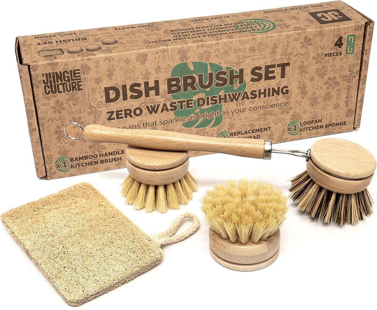 Jungle Culture 4 Piece Bamboo Dish Brush Set for Washing Up • Long Lasting Wooden Dish Brush with 3
