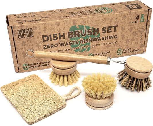 Jungle Culture 4 Piece Bamboo Dish Brush Set for Washing Up • Long Lasting Wooden Dish Brush with 3