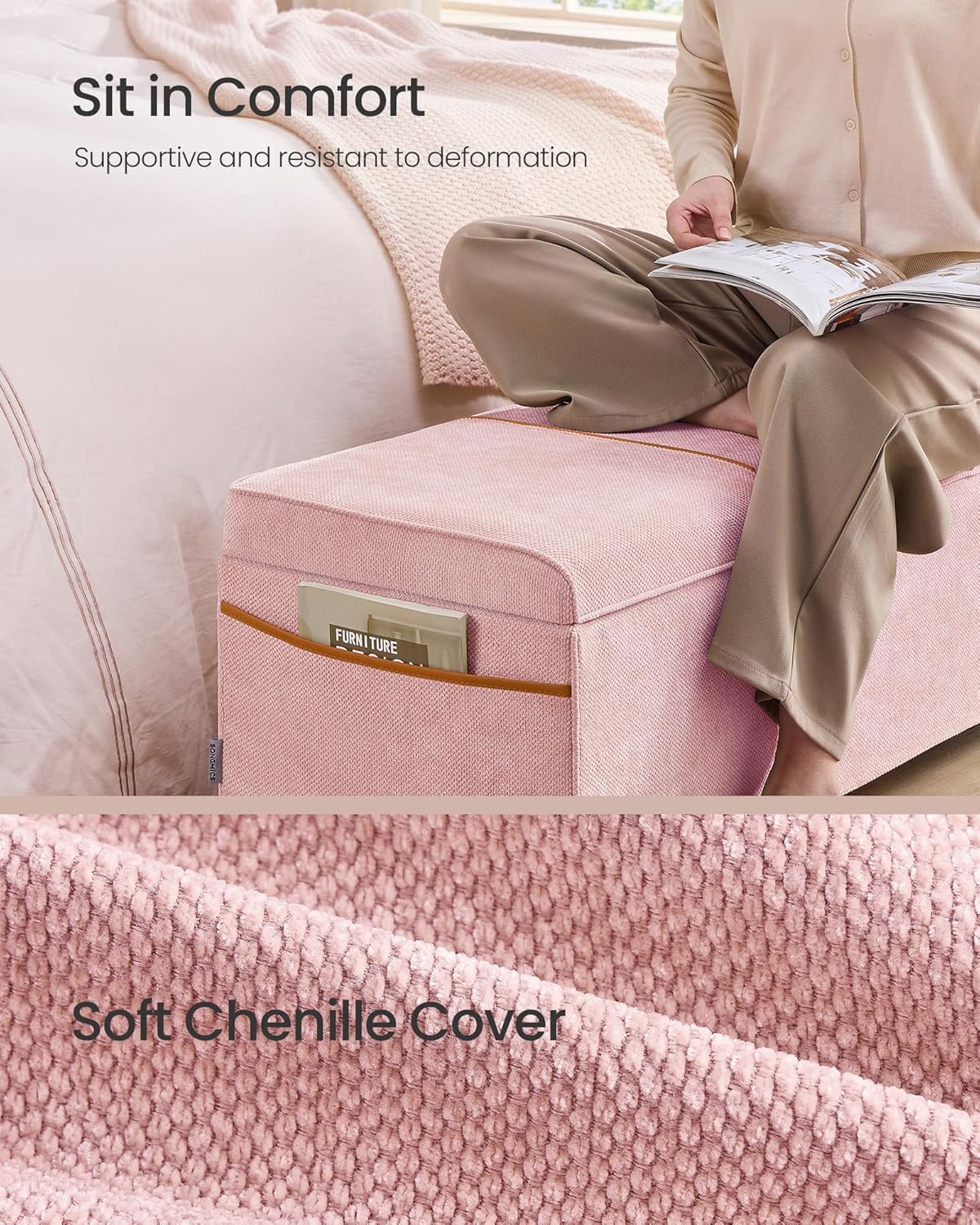 SONGMICS Storage Ottoman Bench, Storage Chest, 15.7 x 43.3 x 15.7 Inches, End of Bed Bench, 27 Gal.