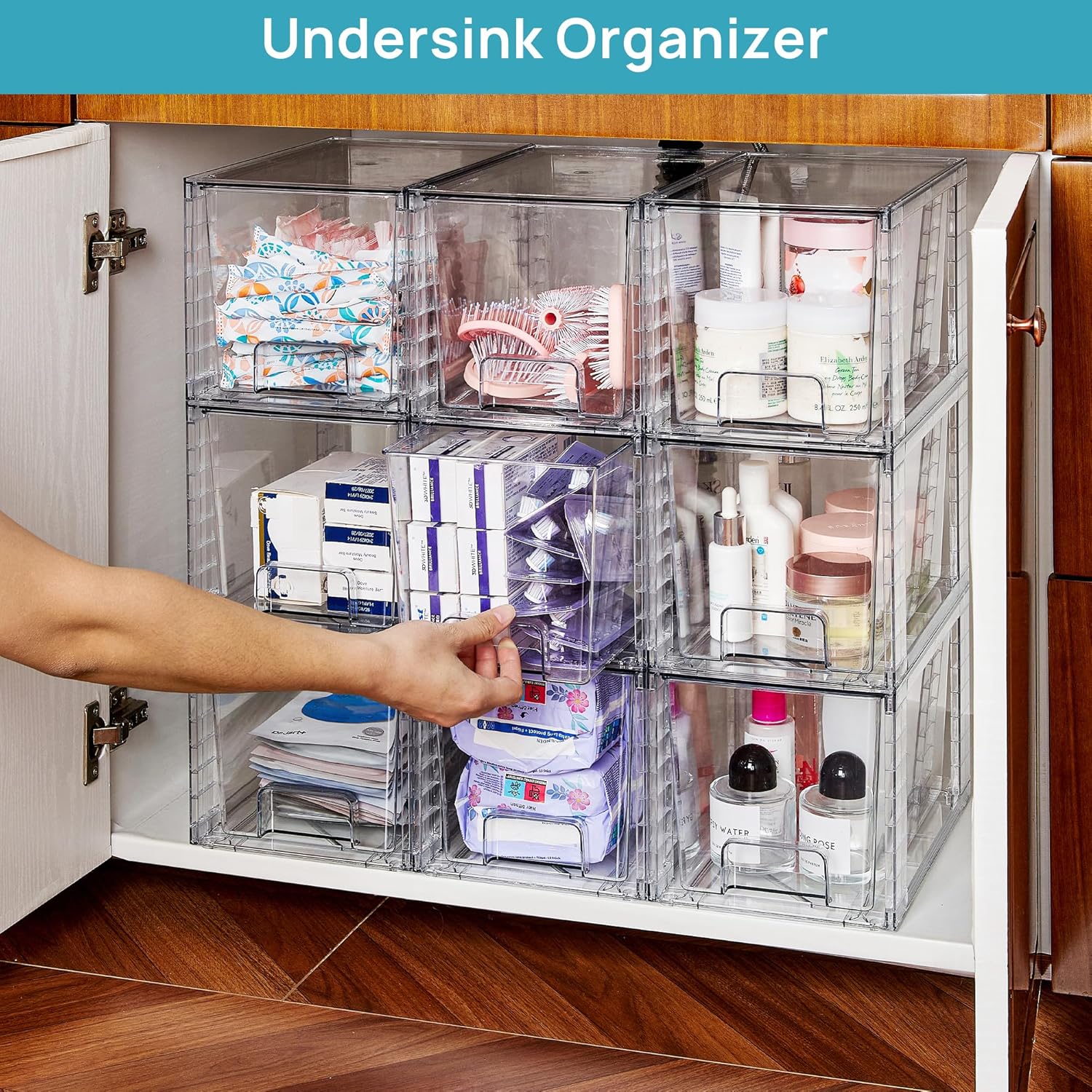 Vtopmart 6 Pack Large Stackable Storage Drawers,Easily Assemble Acrylic Bathroom Closet Undersink
