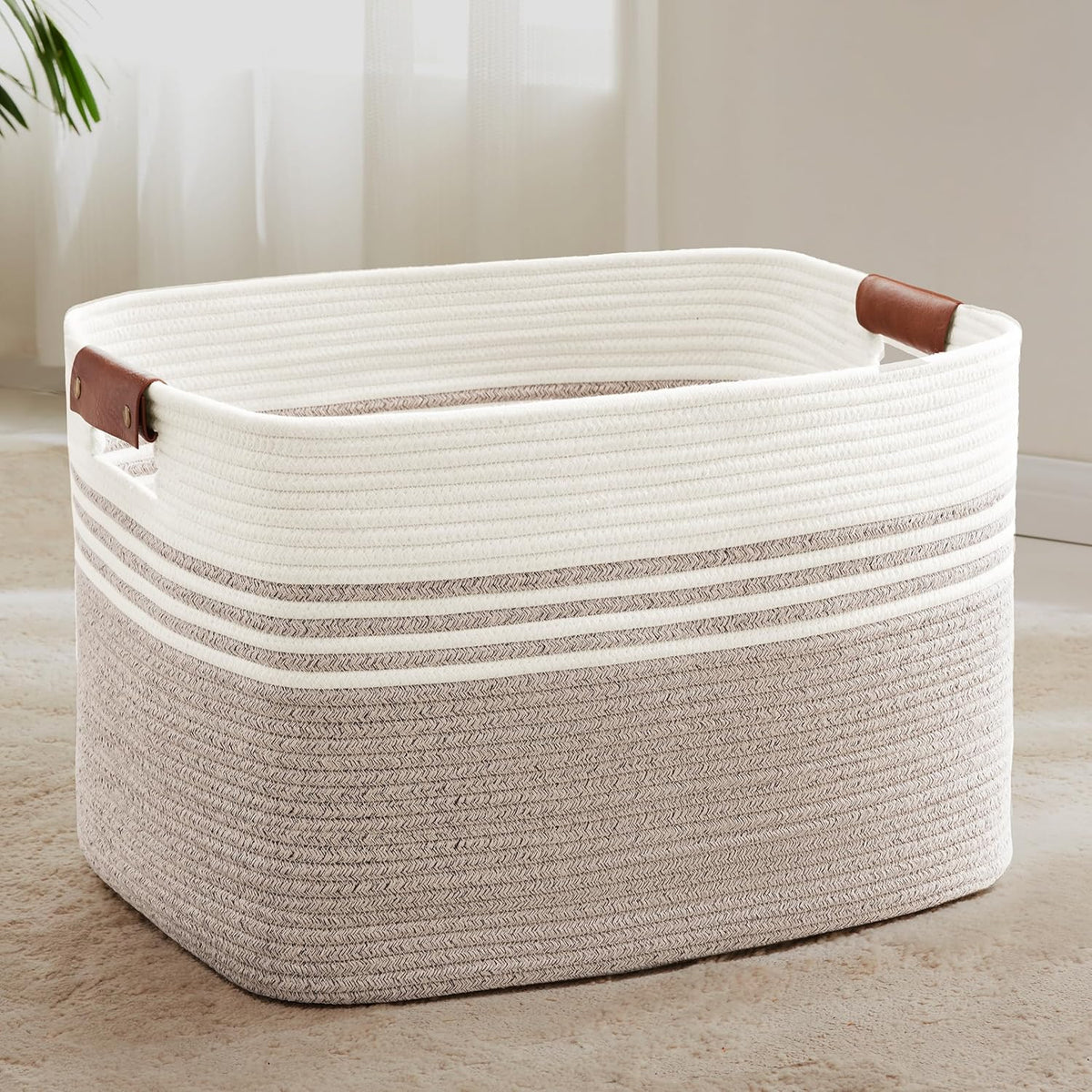 86L Extra Large Laundry Basket with Leather Handles for Living Room Storage, Woven Rope Baskets for