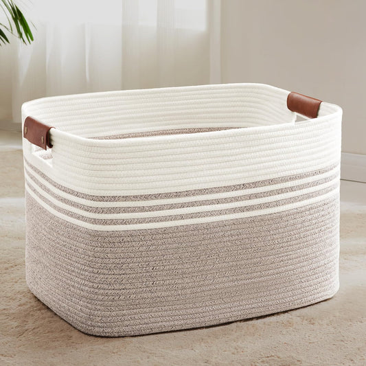 86L Extra Large Laundry Basket with Leather Handles for Living Room Storage, Woven Rope Baskets for