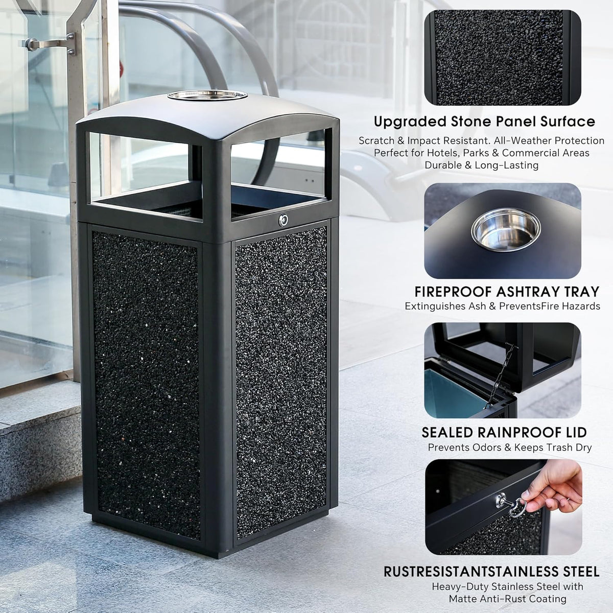 Commercial Metal Outdoor Trash Can with Lid, Lockable Outdoor Garbage Can with Nature Stone Panels
