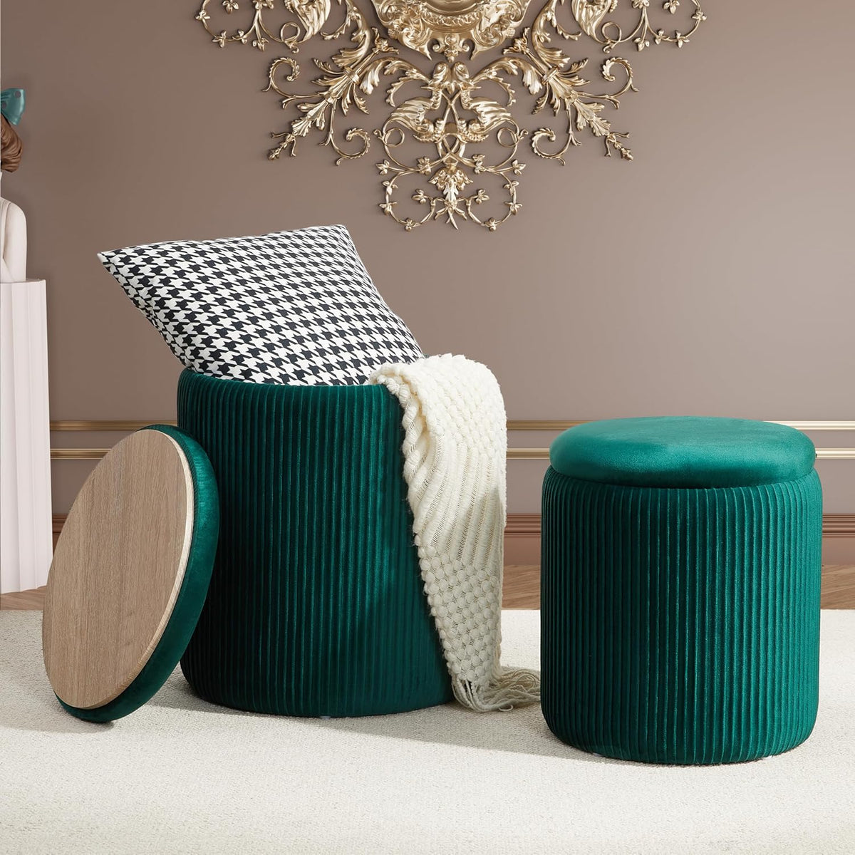Royal Windsor Round Ottoman with Storage Set of 2,Vanity Stool with Storage for Bedroom, Ottoman