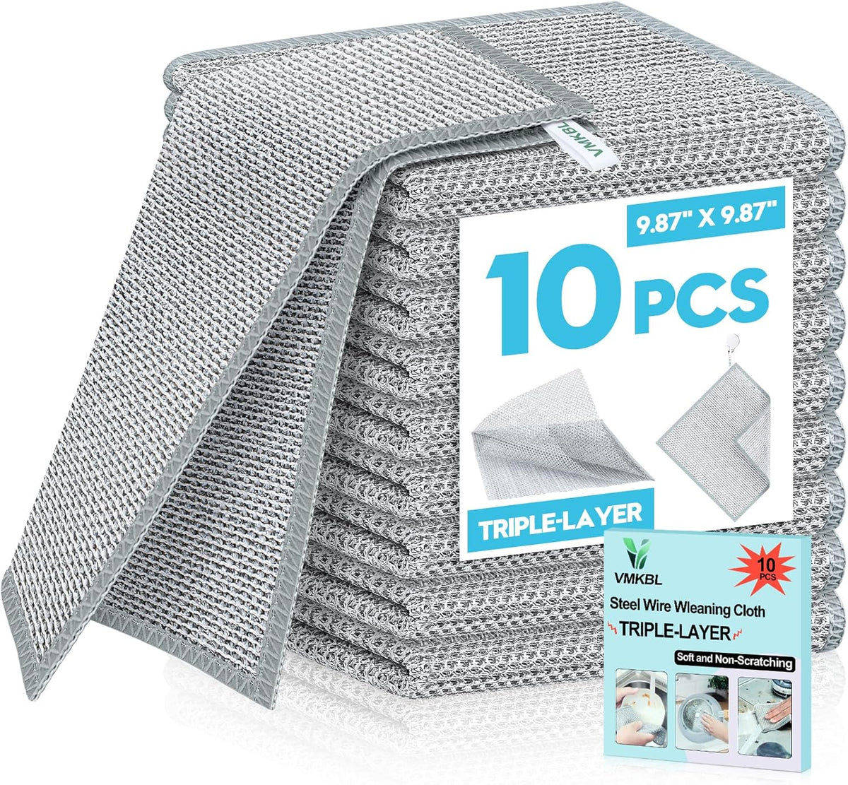 10 Pcs New Upgraded 3 Layers Non Scratch Wire Dishcloth, Multipurpose Wire Steel Wool Scrubber, Wet