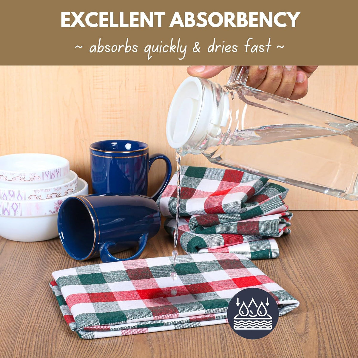 Native Fab Gingham Check Kitchen Towels 4 Pack 16x26 Inches - 100% Cotton, Soft, Absorbent Tea