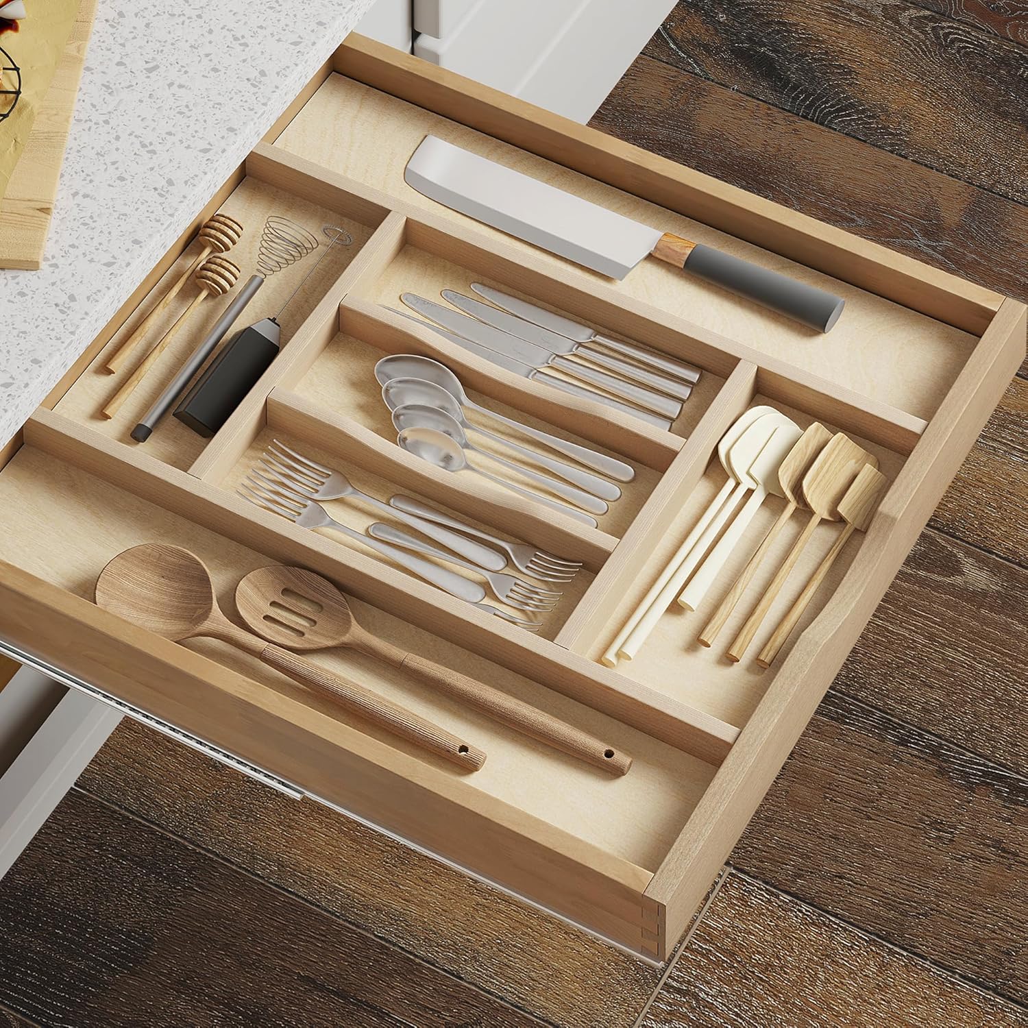 WelFurGeer Premium Wooden Silverware Organizer for Kitchen Drawers, Utensil Tray for Kitchen