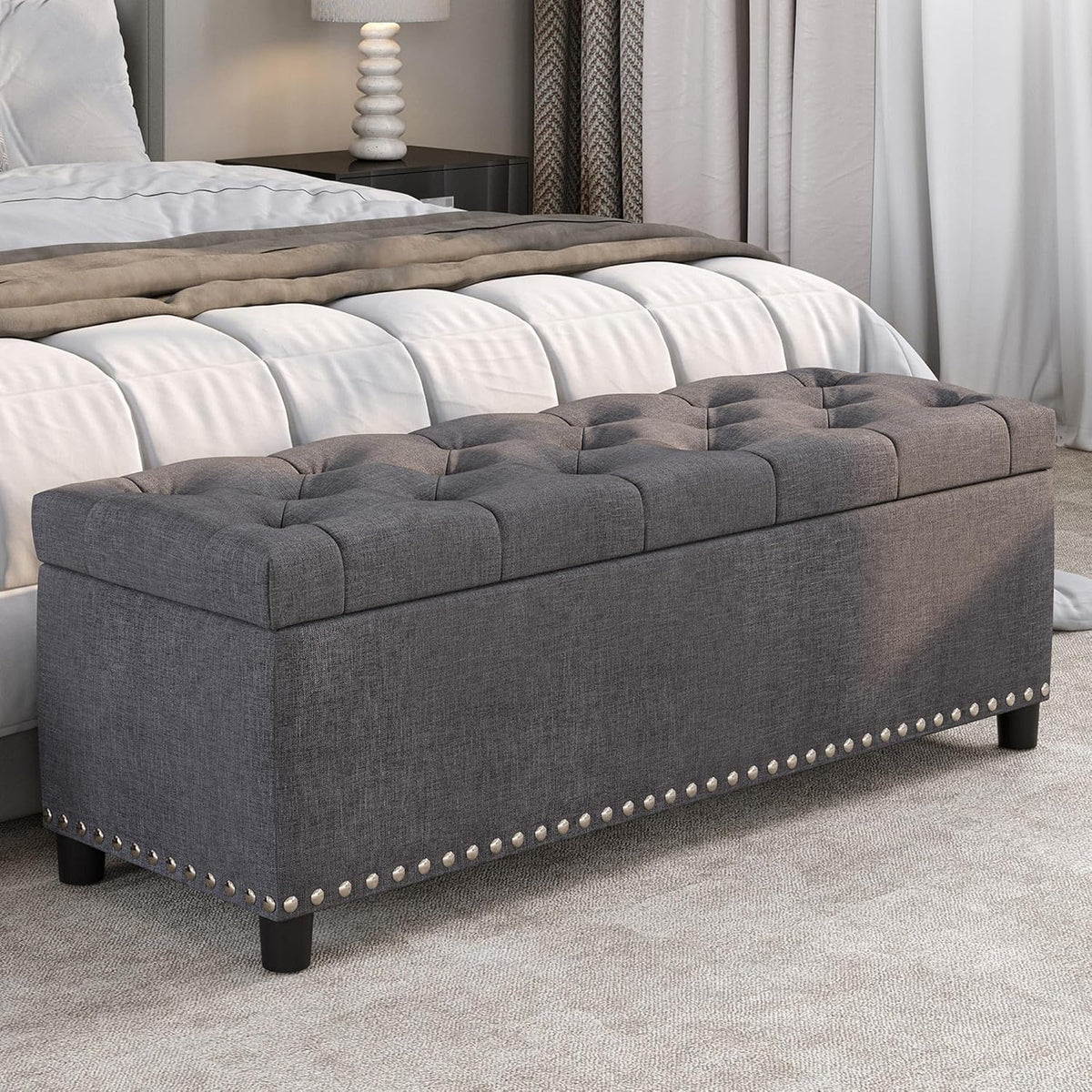 BELLEZE 47" Storage Ottoman, Storage Bench with Safety Close Hinge, Linen Button-Tufted Ottoman for