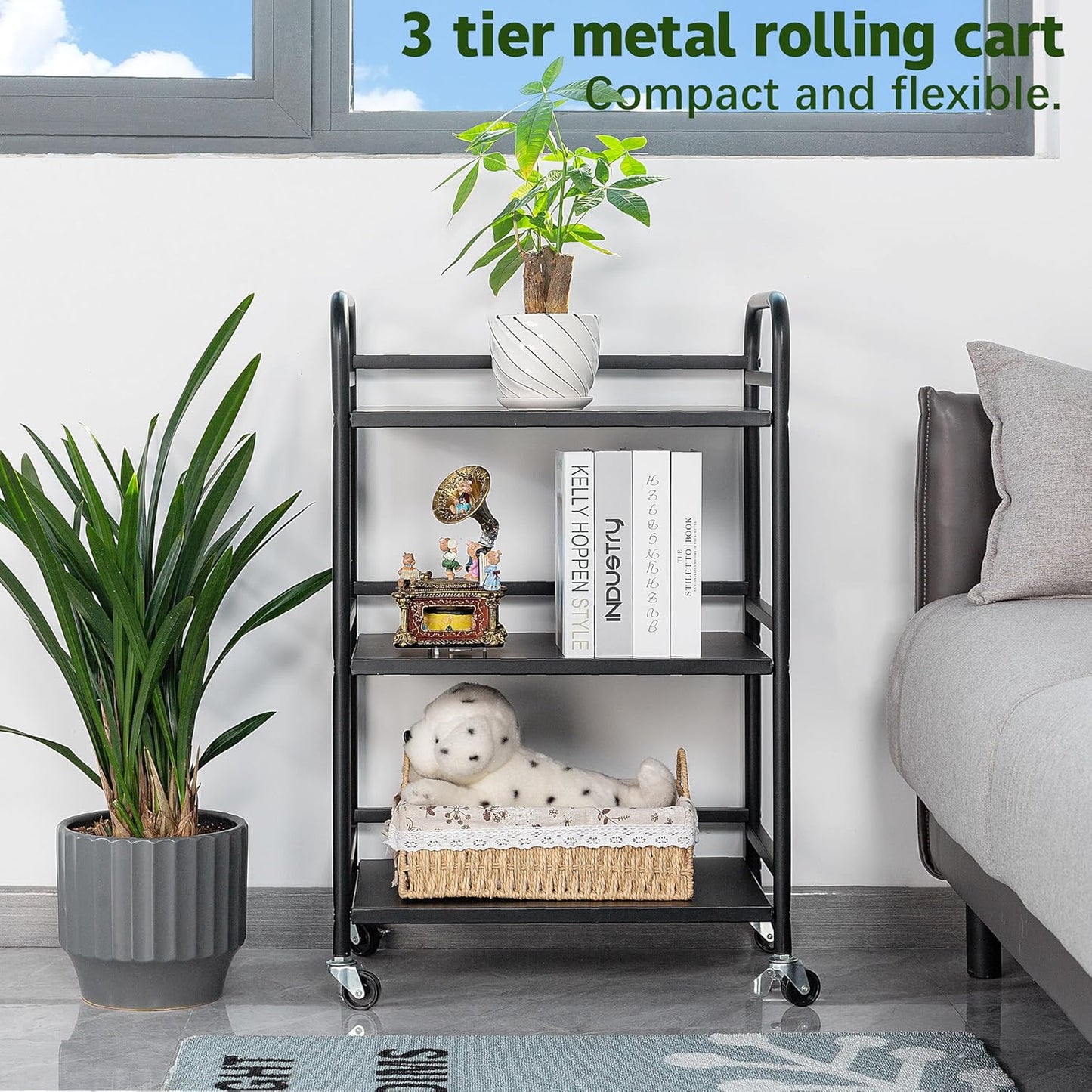HDANI 3 Tier Rolling Cart Shelves,Heavy Duty Multifunctional Metal Frame-Supports 22 Lbs Per