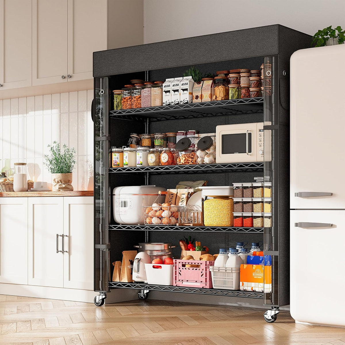 REIBII 72.8" H Storage Shelves with Wheels Wire Shelving Cover Heavy Duty Metal Shelving for Pantry